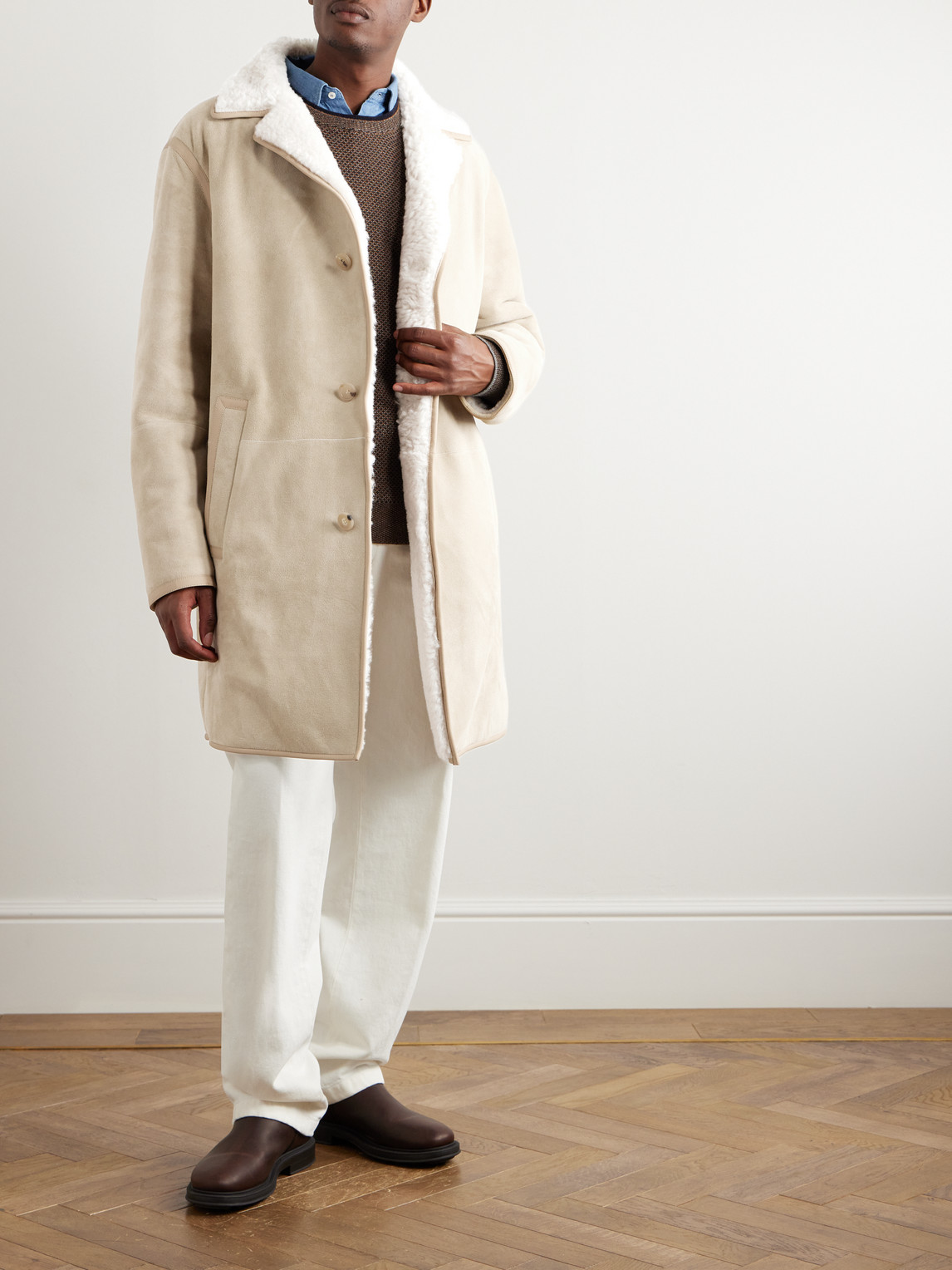 Shop Loro Piana Leather-trimmed Shearling Coat In Neutrals