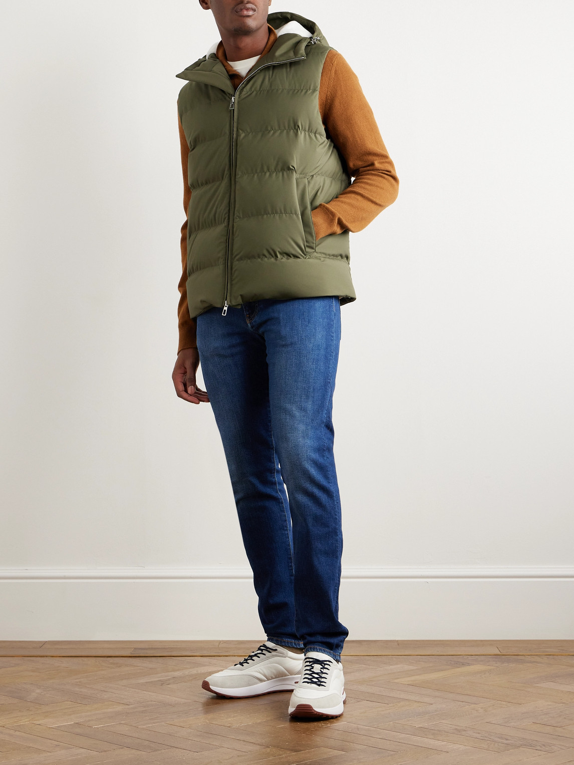 Shop Loro Piana Quilted Padded Shell Hooded Gilet In Green