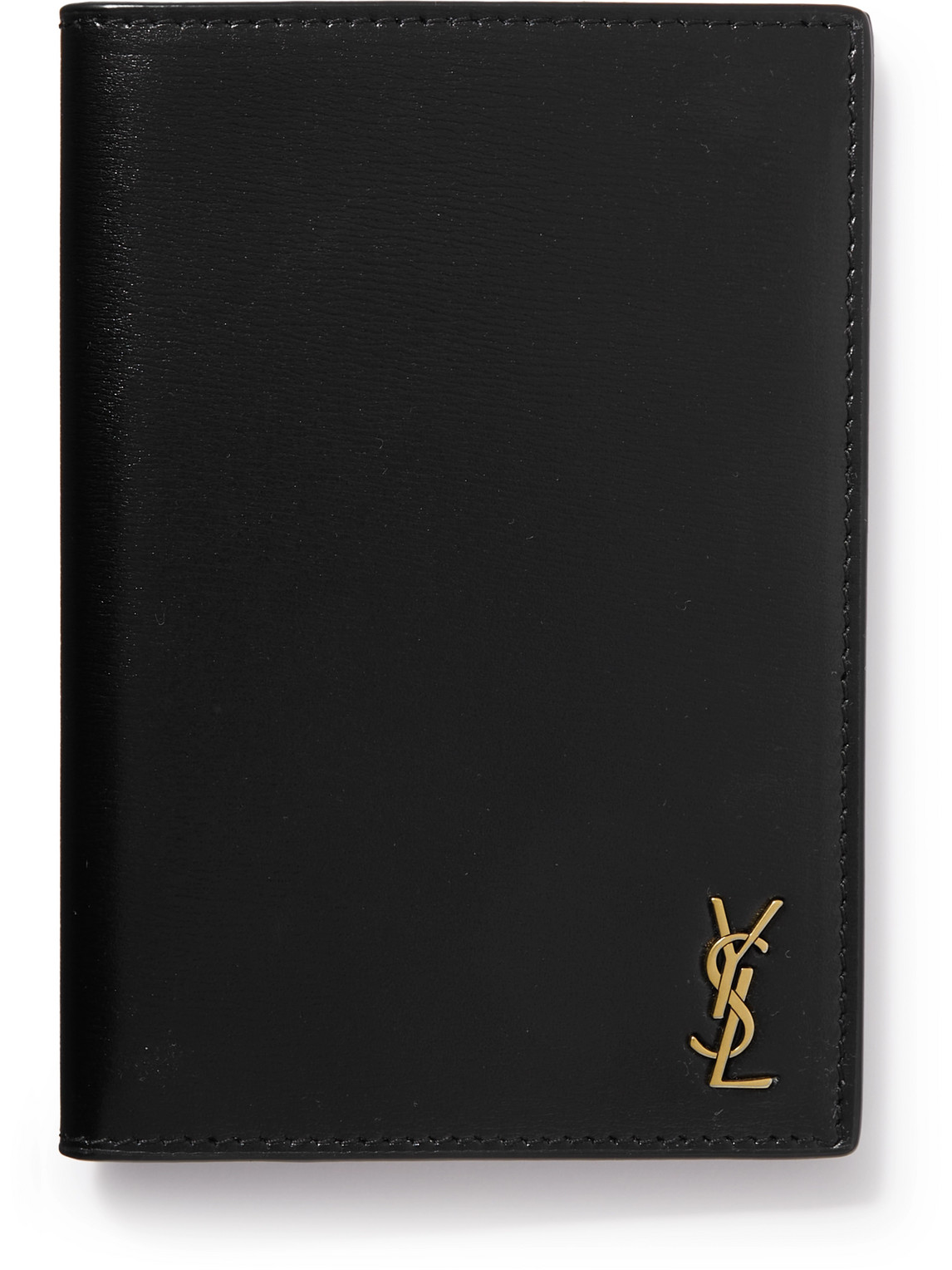 Saint Laurent Cassandre Logo-embellished Glossed-leather Passport Cover In Black