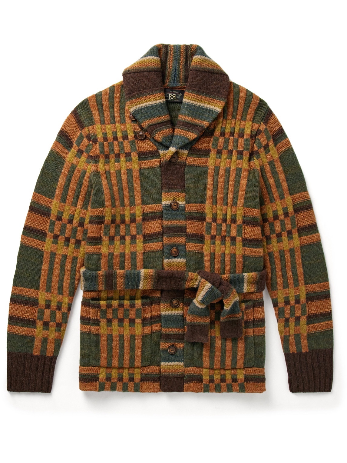 Rrl Ranch Shawl-collar Belted Check Wool Cardigan In Green