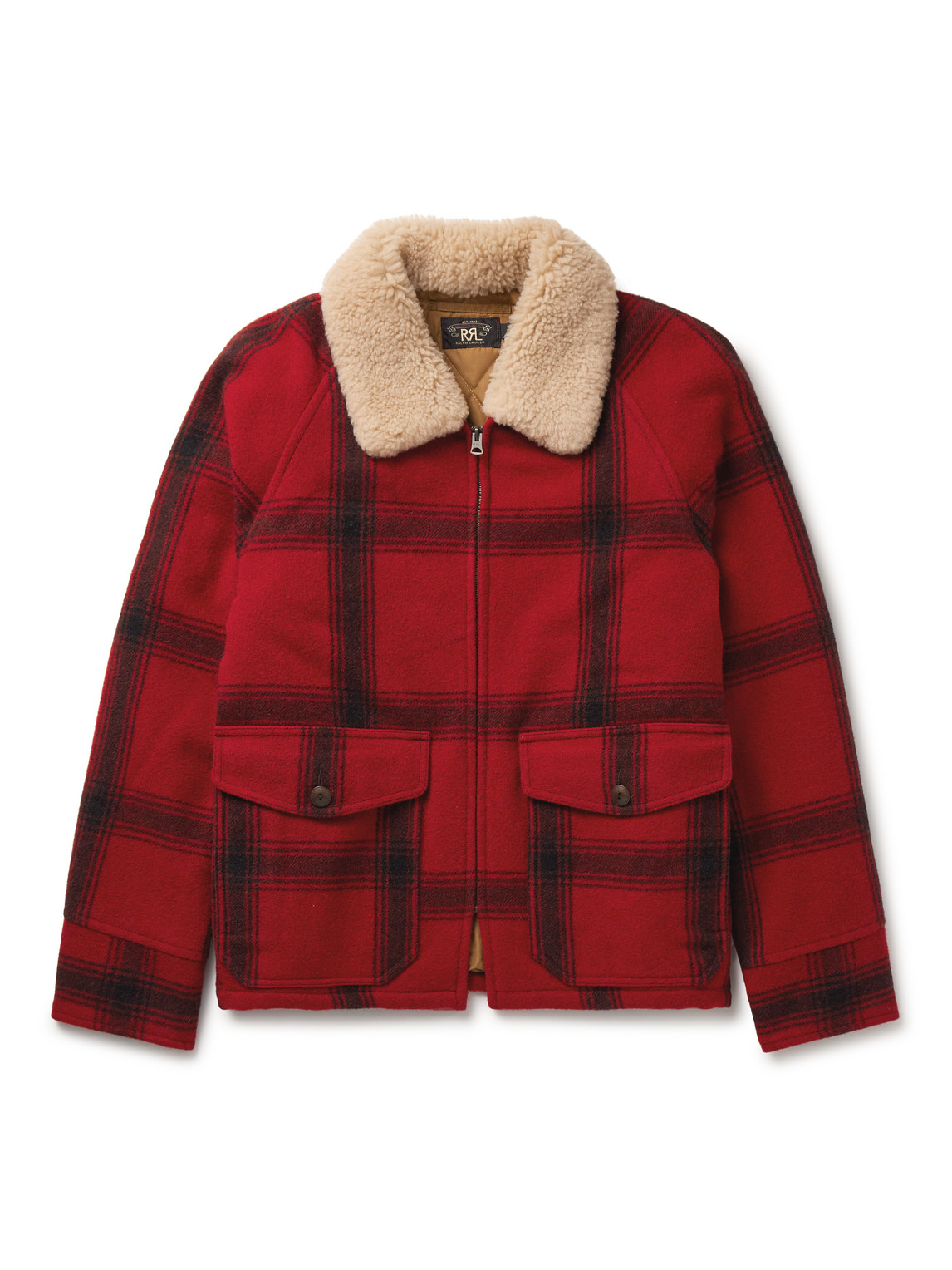 Rrl Shearling-trimmed Padded Checked Wool Jacket In Red