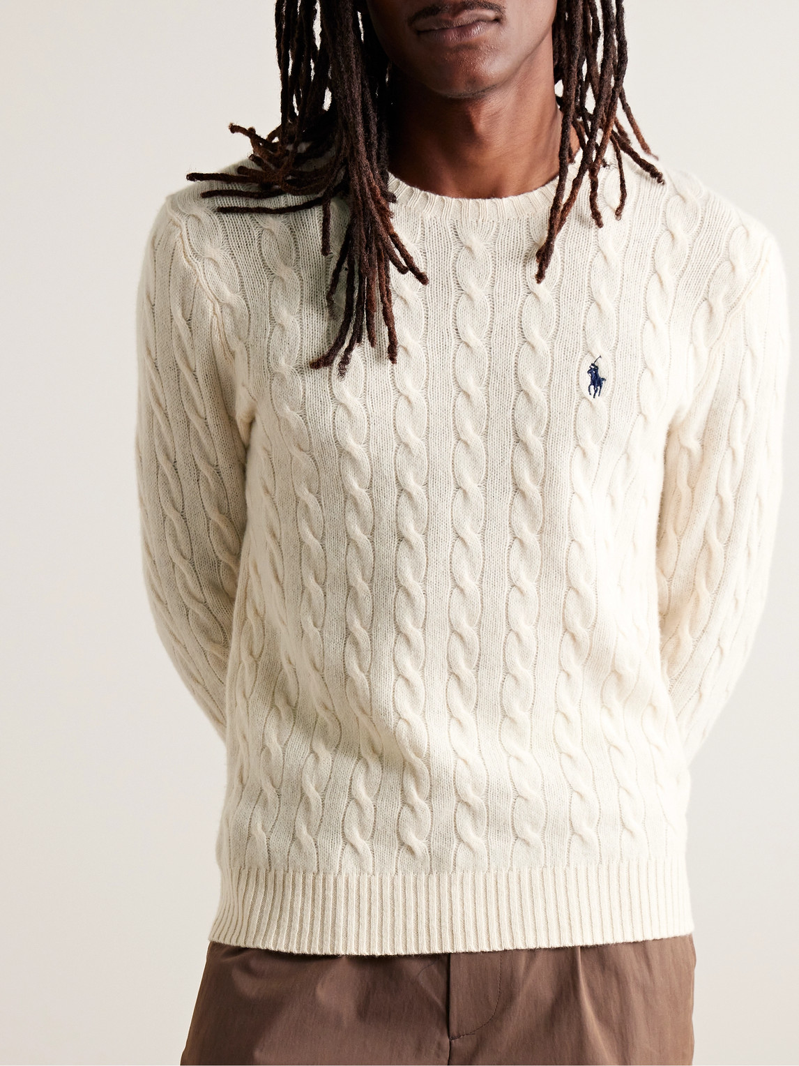 Shop Polo Ralph Lauren Slim-fit Cable-knit Wool And Cashmere-blend Sweater In Neutrals