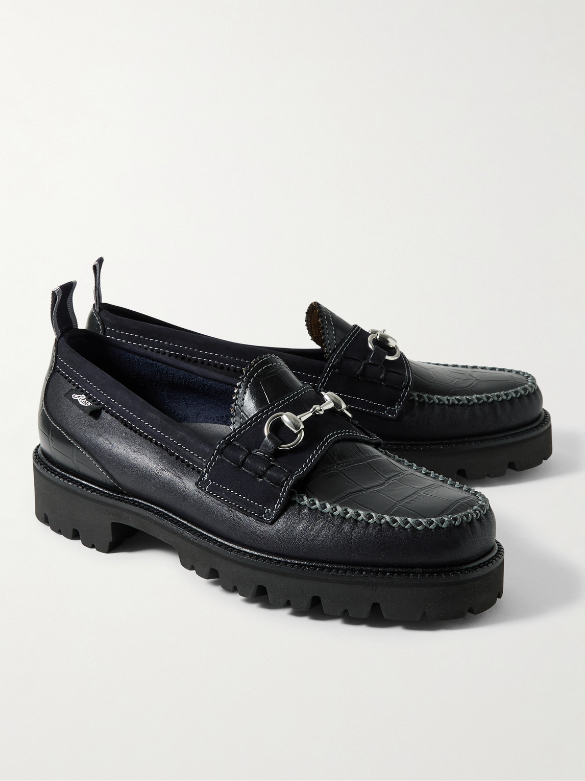 Shop G.h. Bass & Co. Nicholas Daley Lincoln Weejuns® Embellished Suede-trimmed Croc-effect Leather Loafers In Black