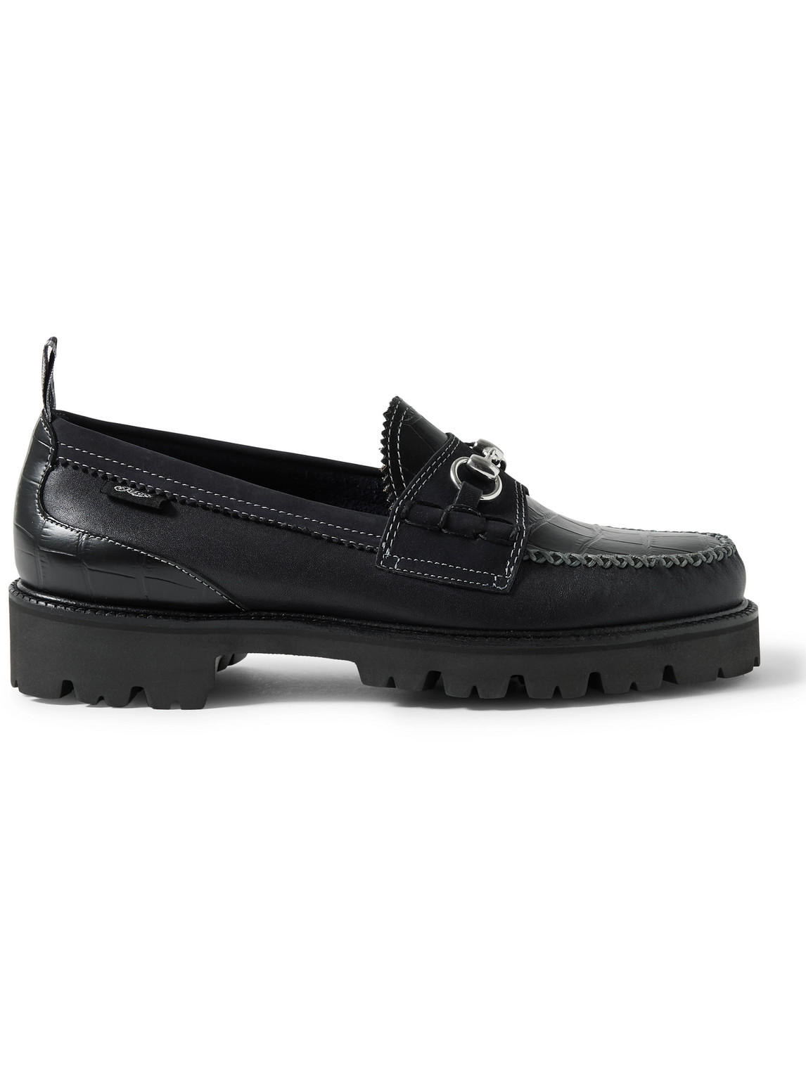 G.H. BASS & CO. NICHOLAS DALEY LINCOLN WEEJUNS® EMBELLISHED SUEDE-TRIMMED CROC-EFFECT LEATHER LOAFERS