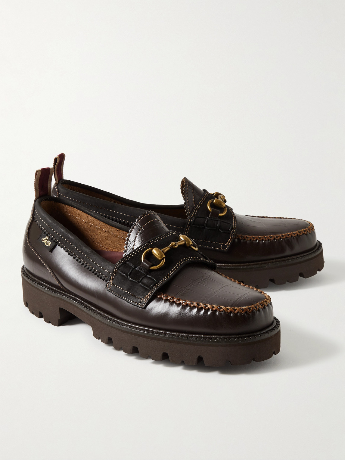 Shop G.h. Bass & Co. Nicholas Daley Lincoln Weejuns® Embellished Suede-trimmed Croc-effect Leather Loafers In Brown