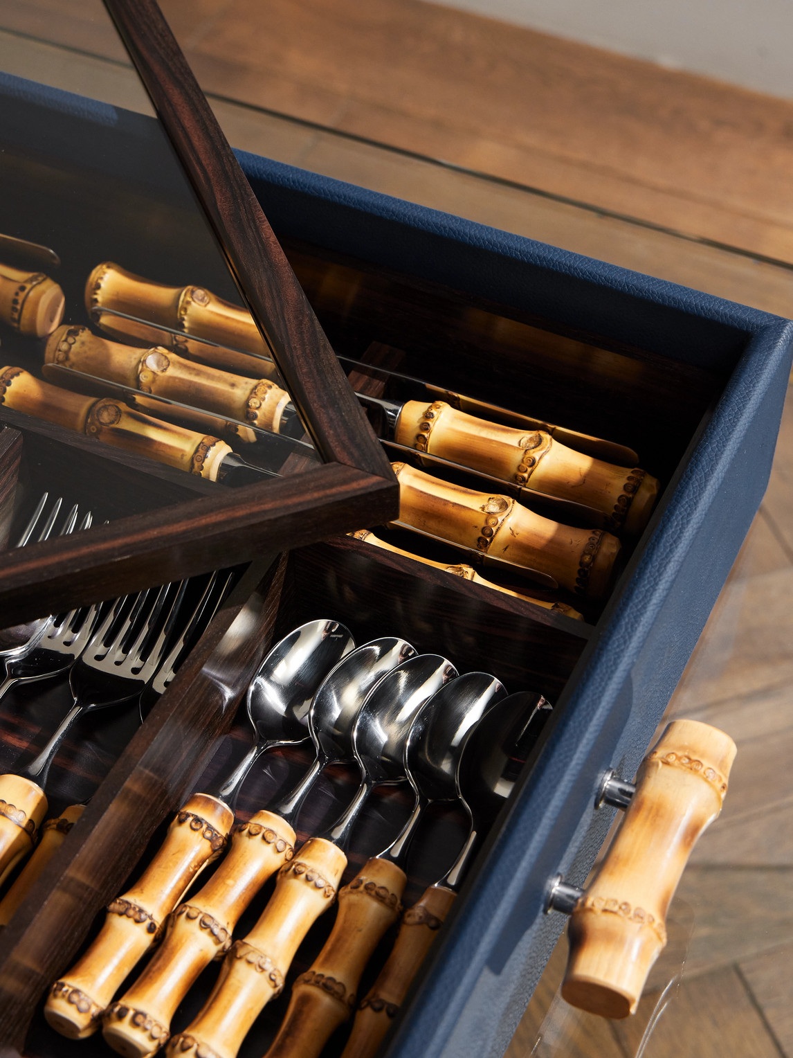  Lorenzi Milano - Bamboo Flatware Set With Case - Men - Blue 