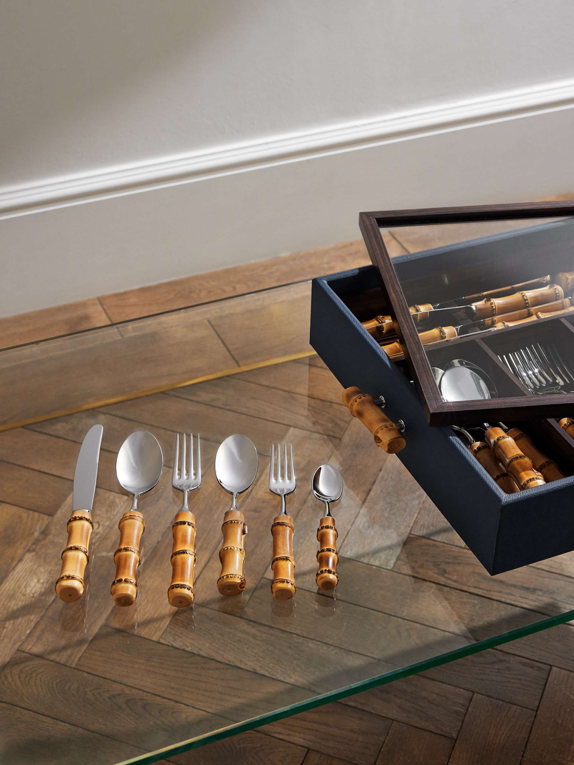 LORENZI MILANO Stainless Steel, Bamboo, Leather and Ebony Tableware Set