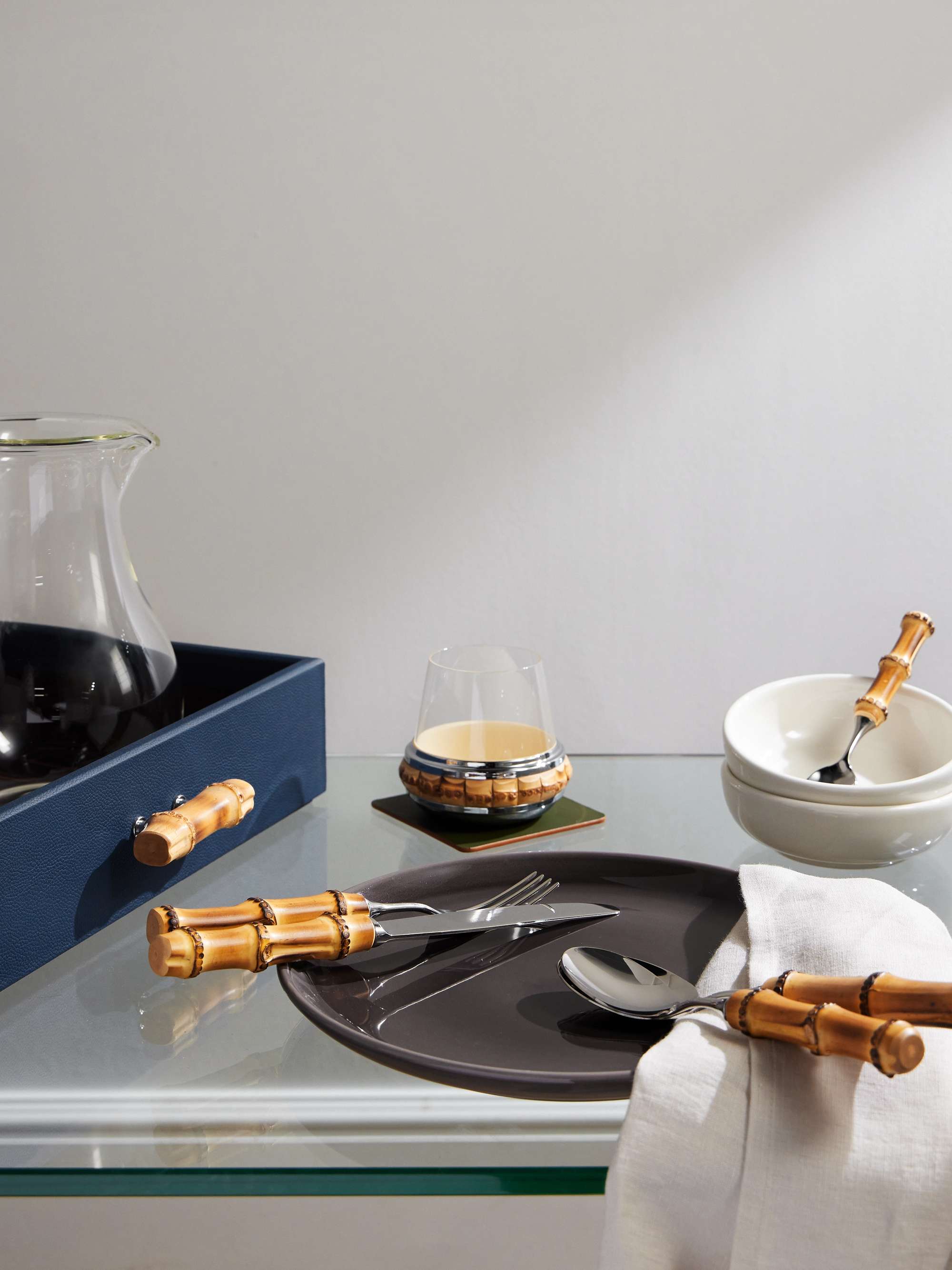LORENZI MILANO Stainless Steel, Bamboo, Leather and Ebony Tableware Set