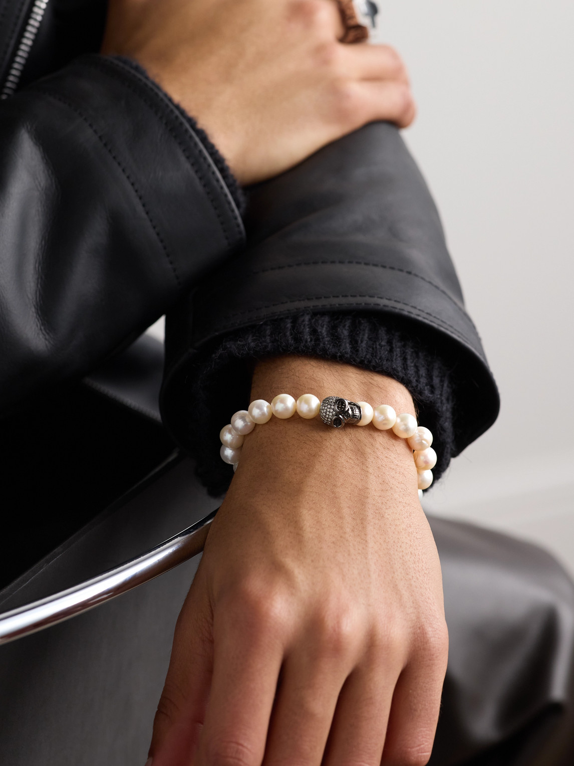 Skull Rhodium-Plated, Diamond and Pearl Beaded Bracelet — 2