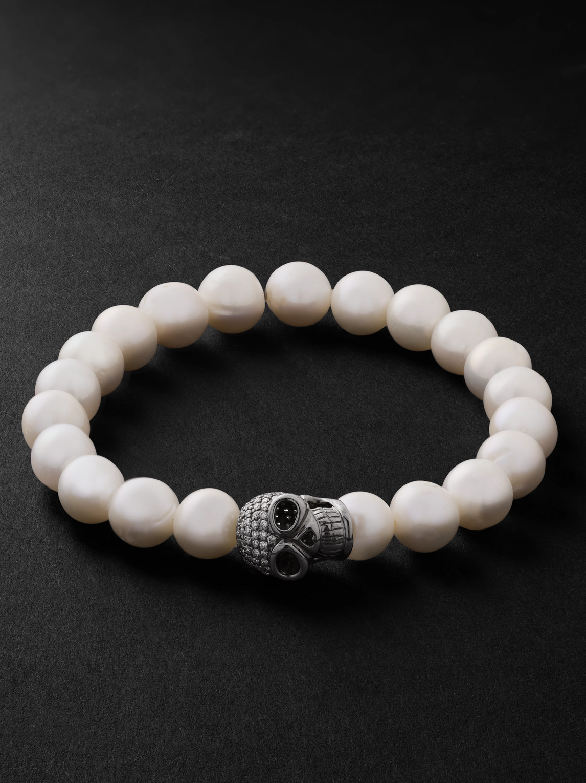 Sydney Evan Skull Rhodium-Plated, Diamond and Pearl Beaded Bracelet - Men