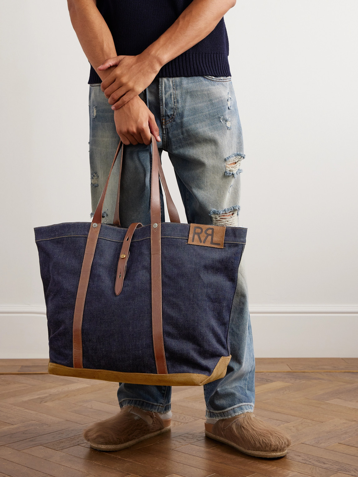 RRL - Howard Suede and Leather-Trimmed Denim Tote Bag - Curated
