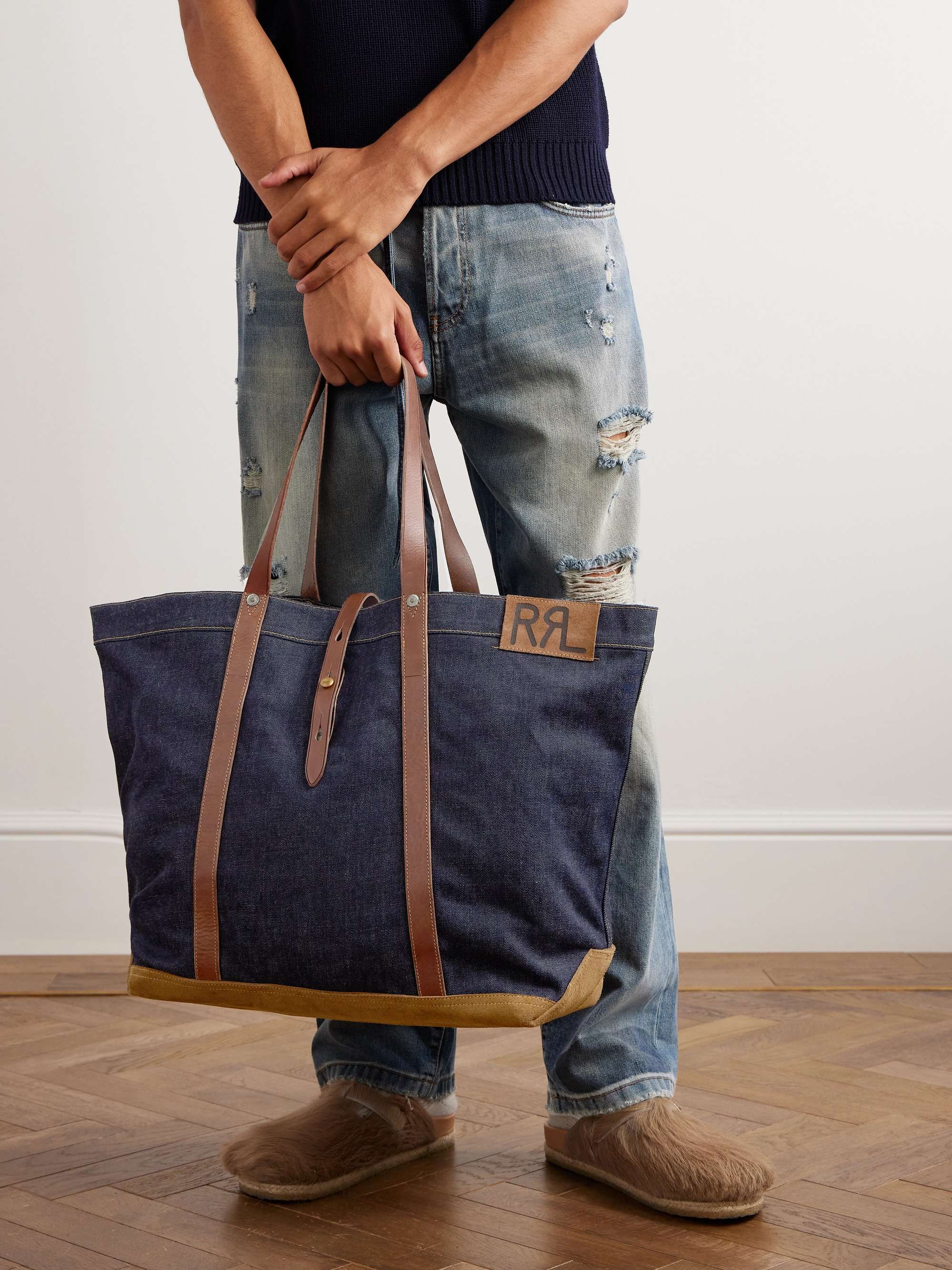 Howard Suede and Leather-Trimmed Denim Tote Bag