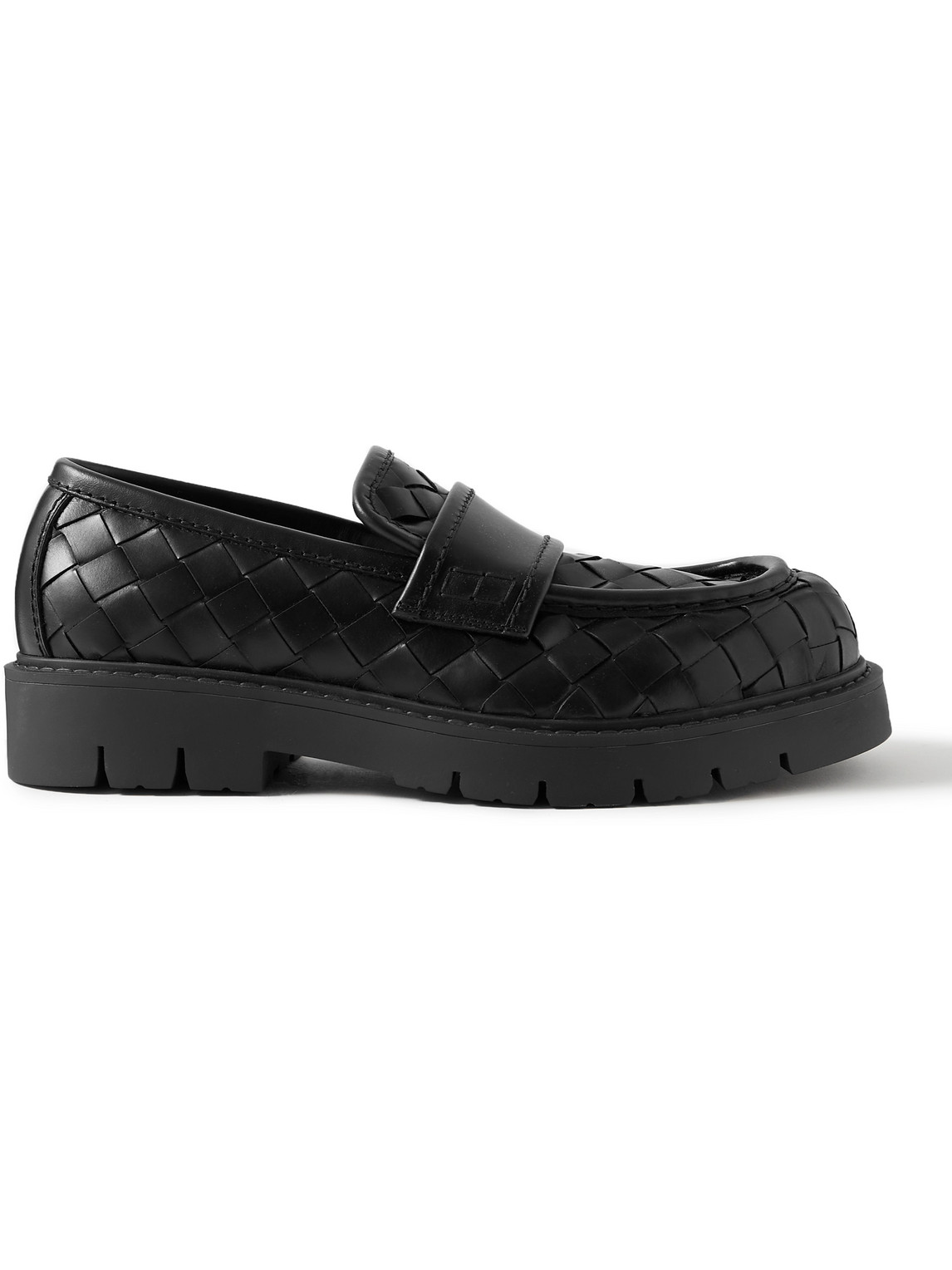 Shop Bottega Veneta Haddock Intrecciato Leather Loafers In Black