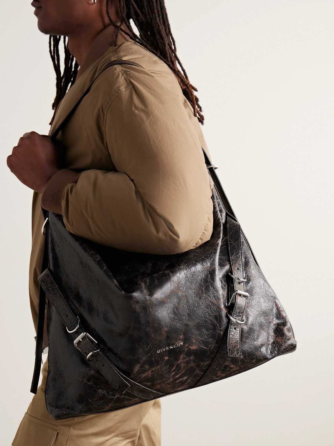 Shop Givenchy Voyou Xl Crackled-leather Messenger Bag In Black