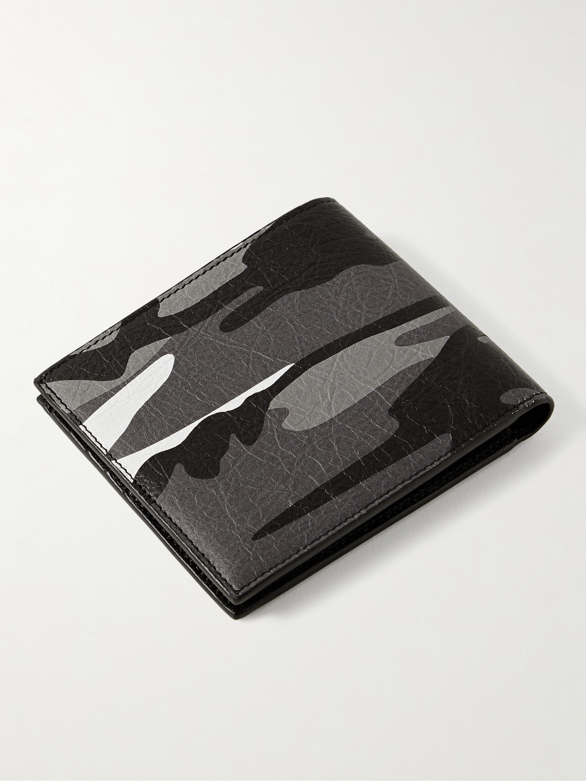 Shop Balenciaga Logo And Camouflage-print Textured-leather Billfold Wallet In Gray