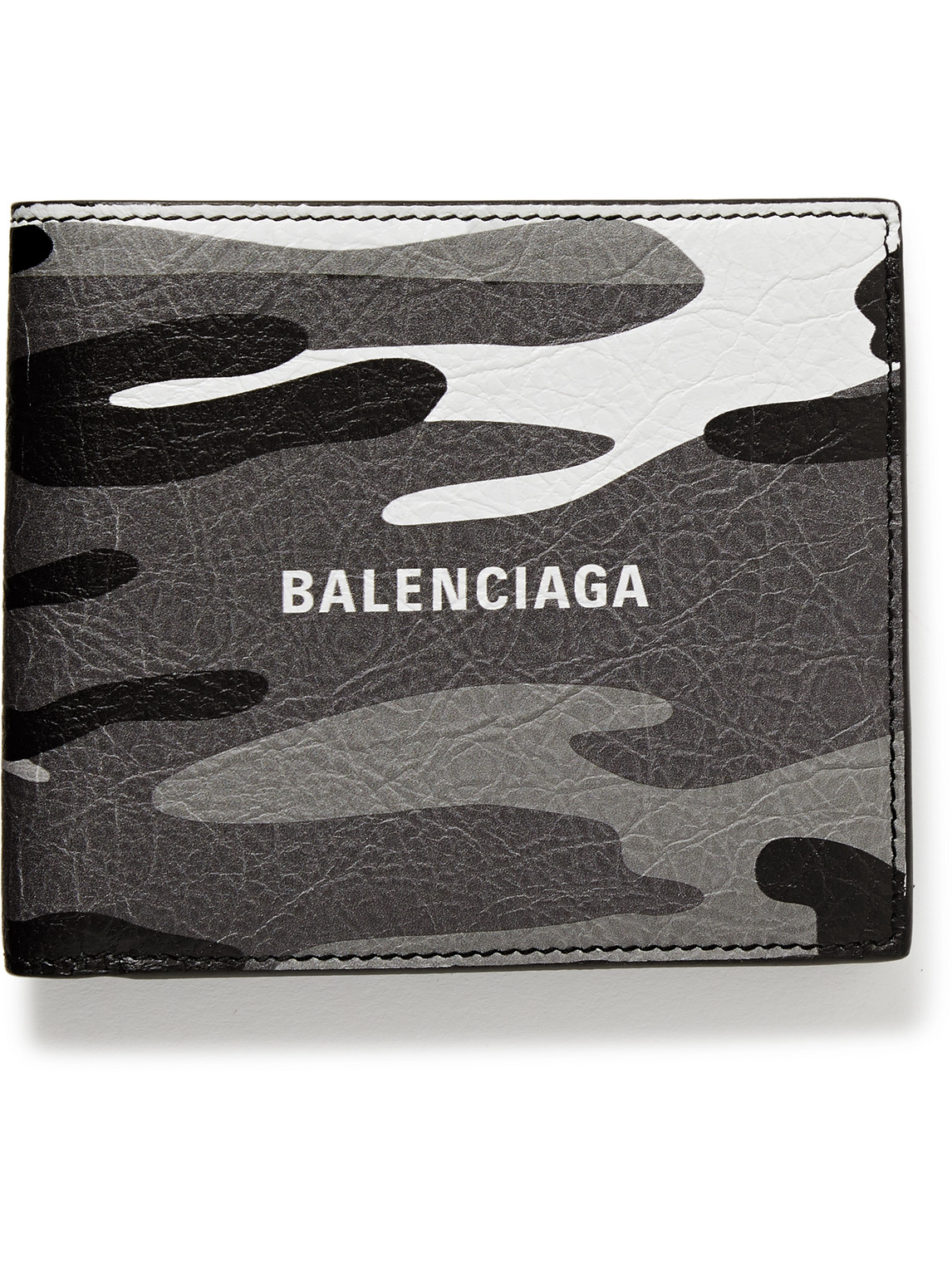 Balenciaga Logo And Camouflage-print Textured-leather Billfold Wallet In Grey