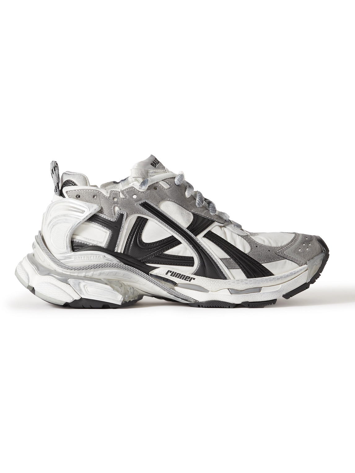 Shop Balenciaga Runner Distressed Nylon, Suede And Rubber Sneakers In Gray
