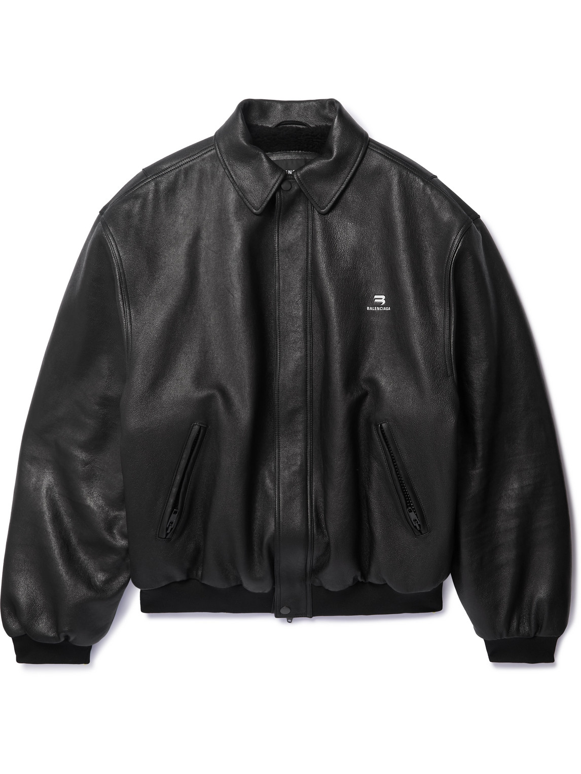 Balenciaga Logo-debossed Leather Bomber Jacket In Black