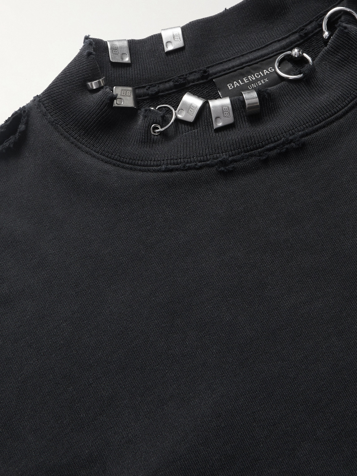 Shop Balenciaga Pierced Embellished Distressed Cotton-jersey Sweatshirt In Black