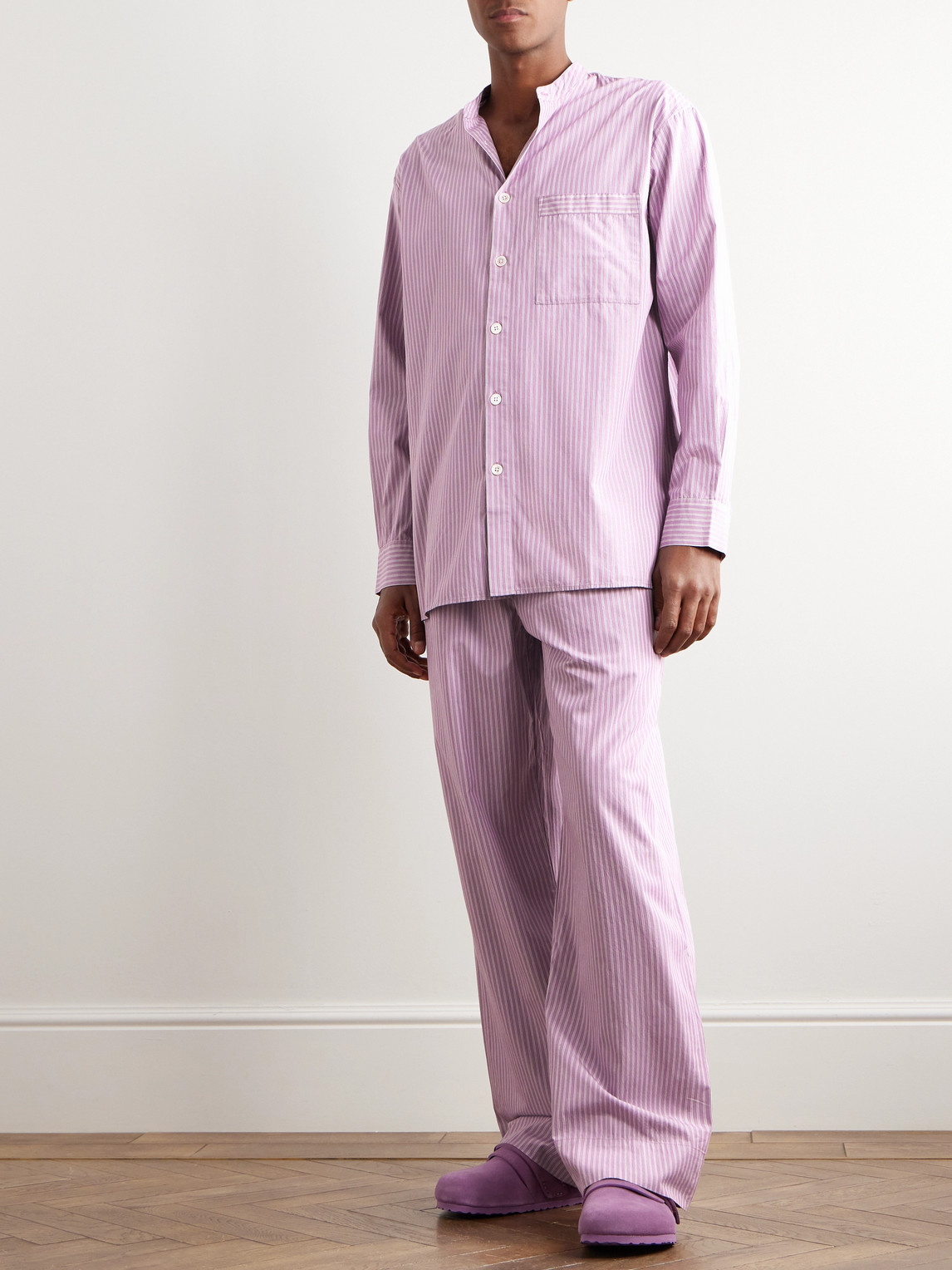 Shop Tekla Birkenstock Striped Organic Cotton-poplin Pyjama Shirt In Purple