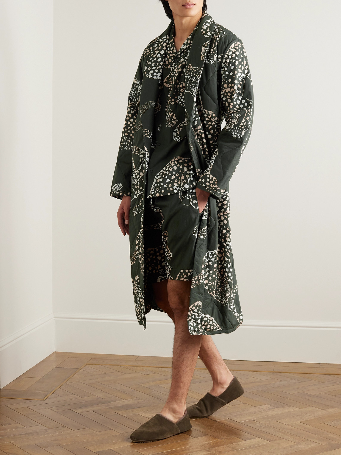 Shop Desmond & Dempsey Quilted Printed Cotton Robe In Green
