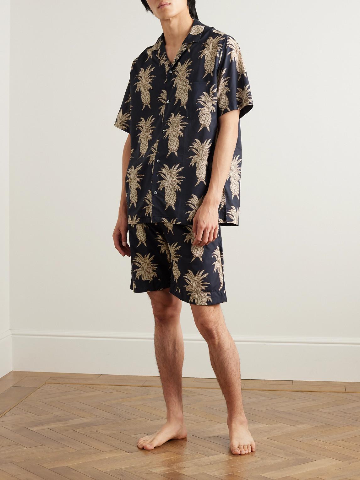 Shop Desmond & Dempsey Casp-collar Printed Cotton Pyjama Set In Black