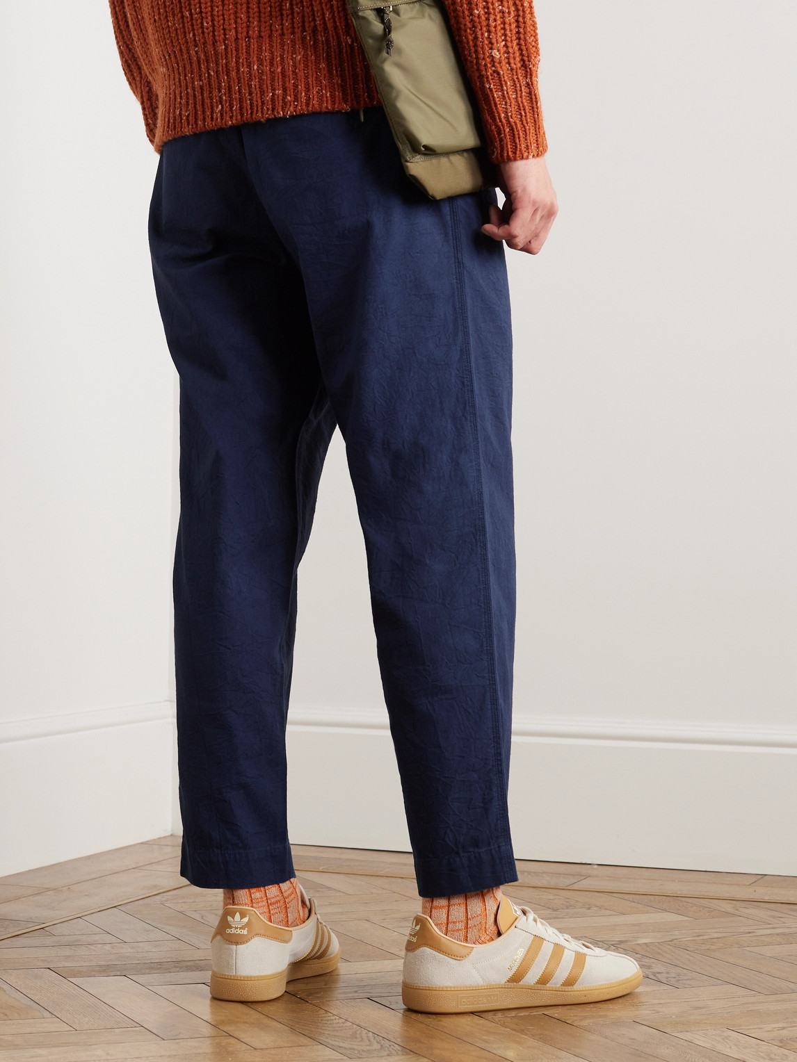 Shop Folk Assembly Cropped Tapered Washed Cotton-piqué Trousers In Blue