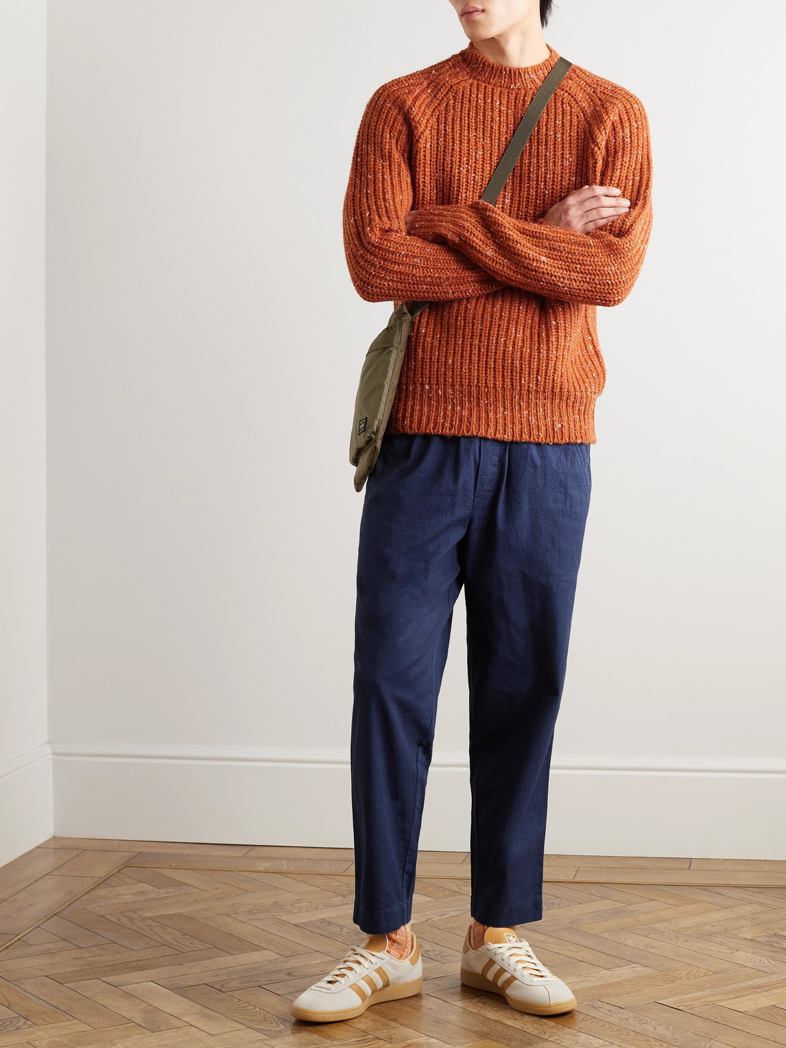 Shop Folk Assembly Cropped Tapered Washed Cotton-piqué Trousers In Blue