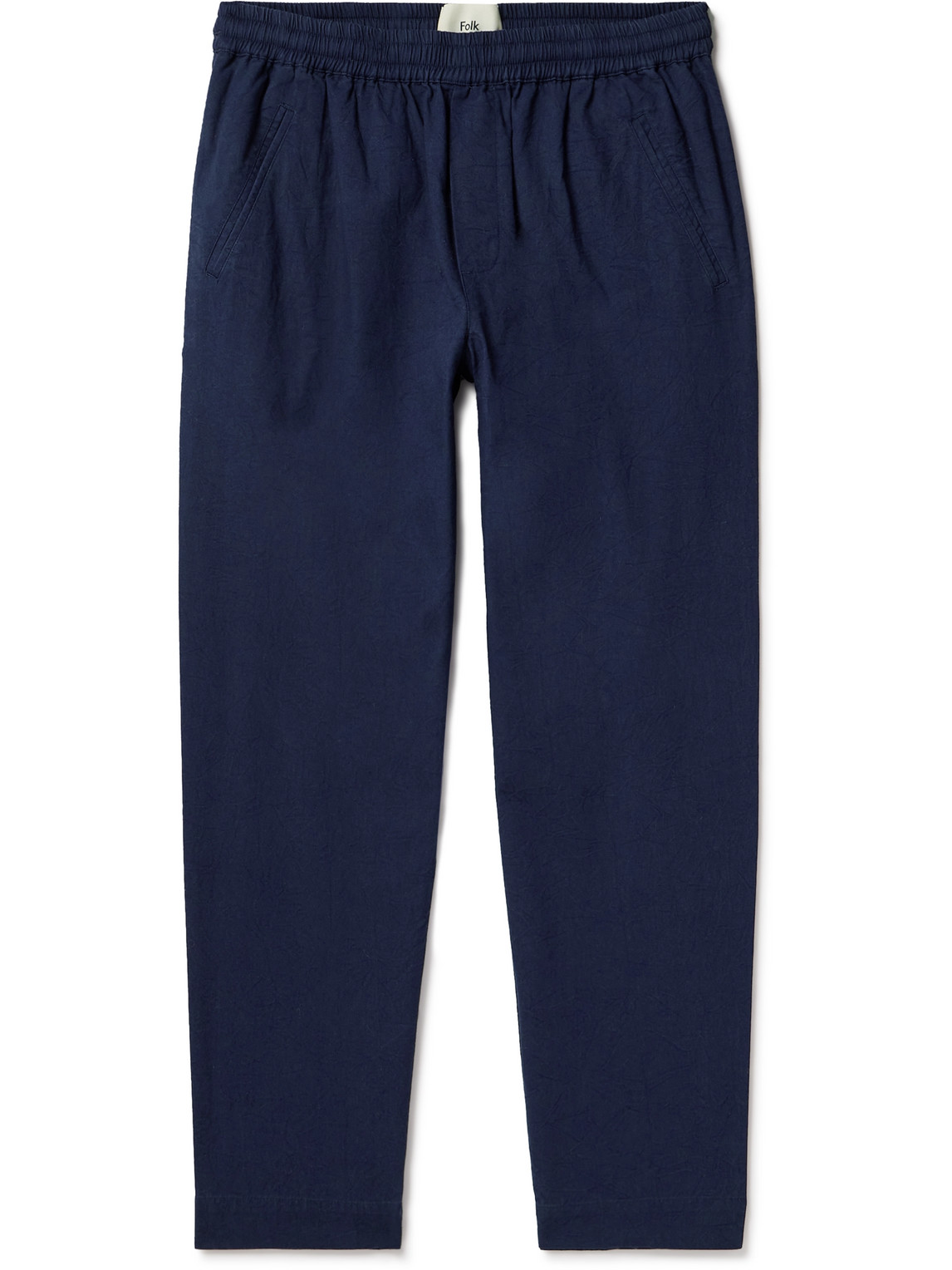 Folk Assembly Cropped Tapered Washed Cotton-piqué Trousers In Blue