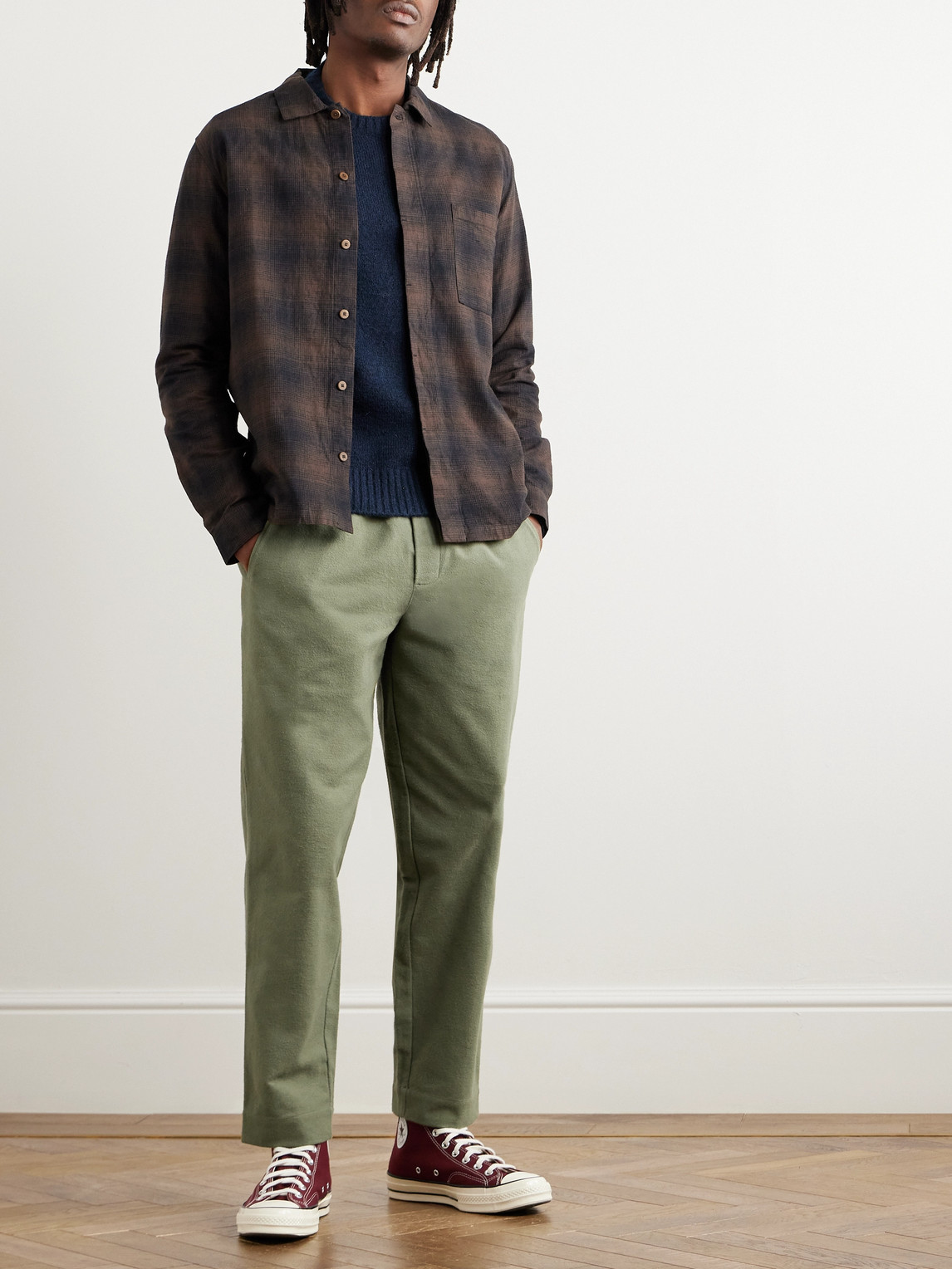 Shop Folk Assembly Cropped Tapered Washed Cotton-moleskin Trousers In Green