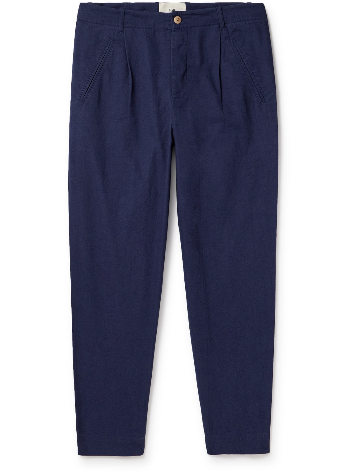 Folk Assembly Tapered Cropped Pleated Cotton Trousers In Blue