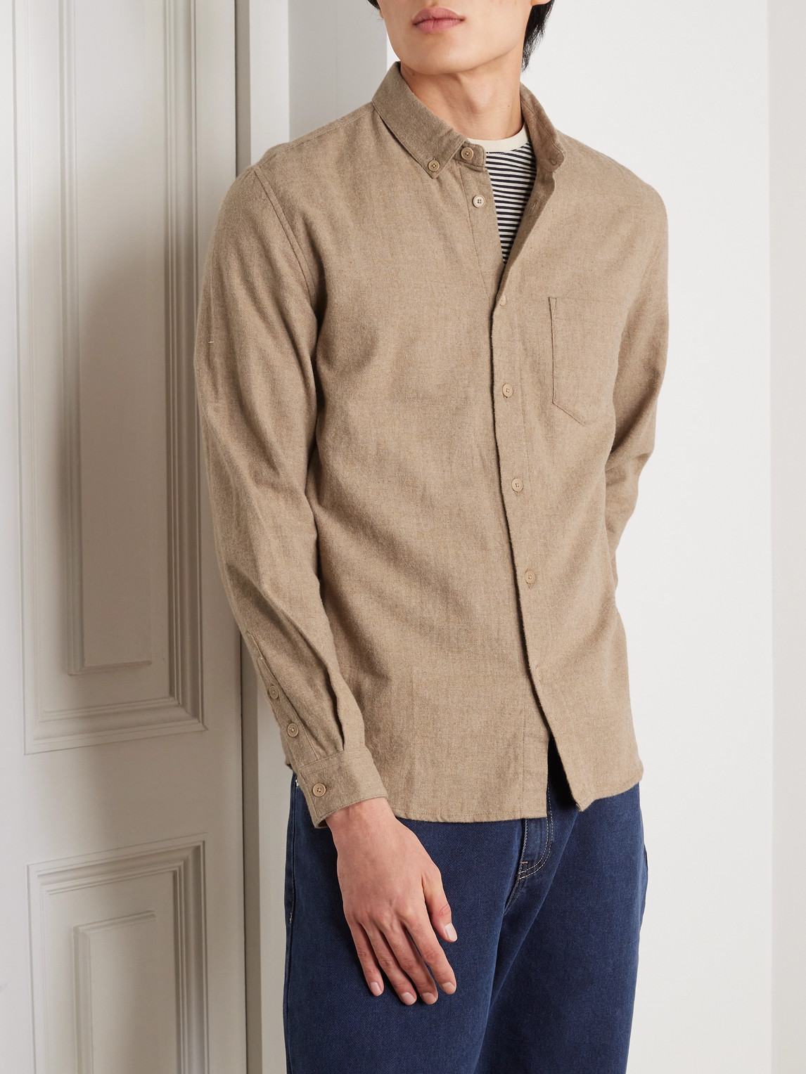 Shop Folk Button-down Collar Cotton-flannel Shirt In Brown