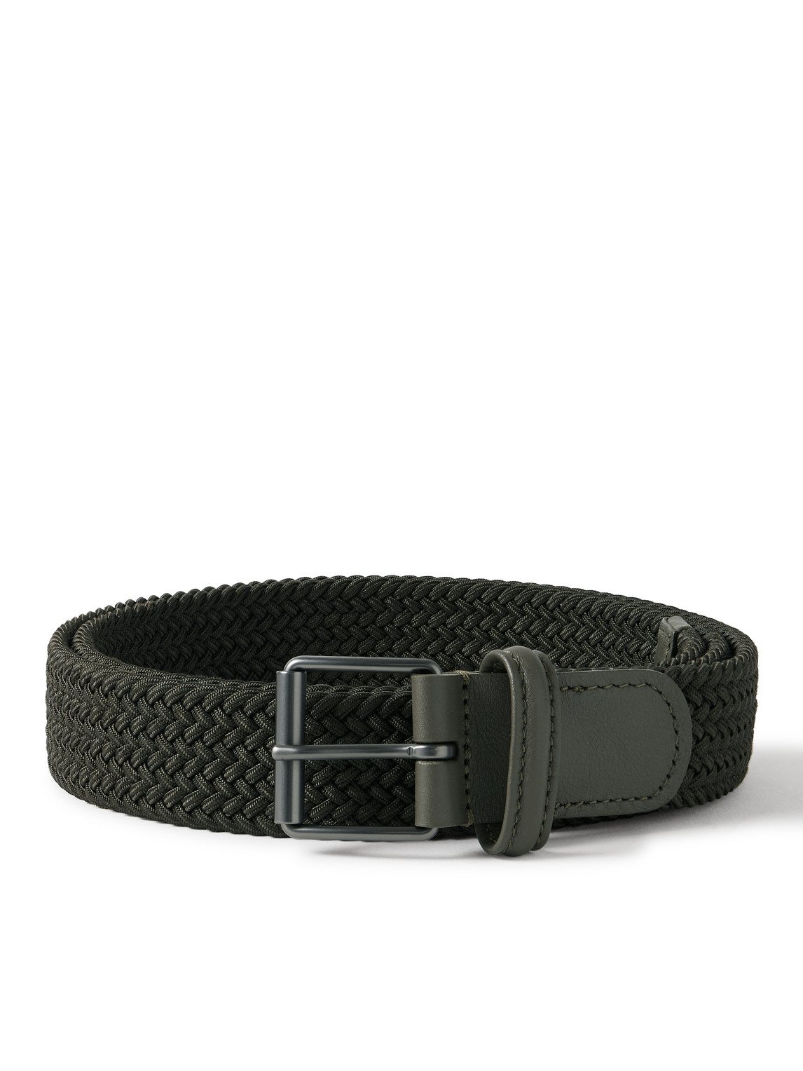 Anderson's 3cm Leather-trimmed Woven Elastic Belt In Green