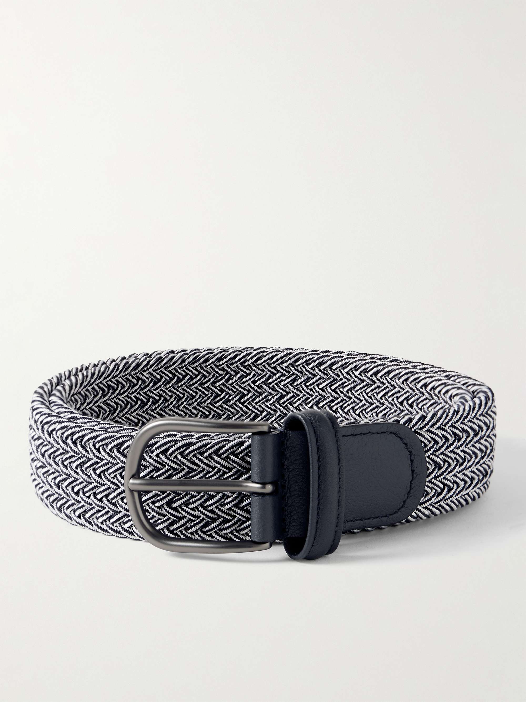 Anderson's Leather-Trimmed Woven Elastic Belt - Navy, Gray