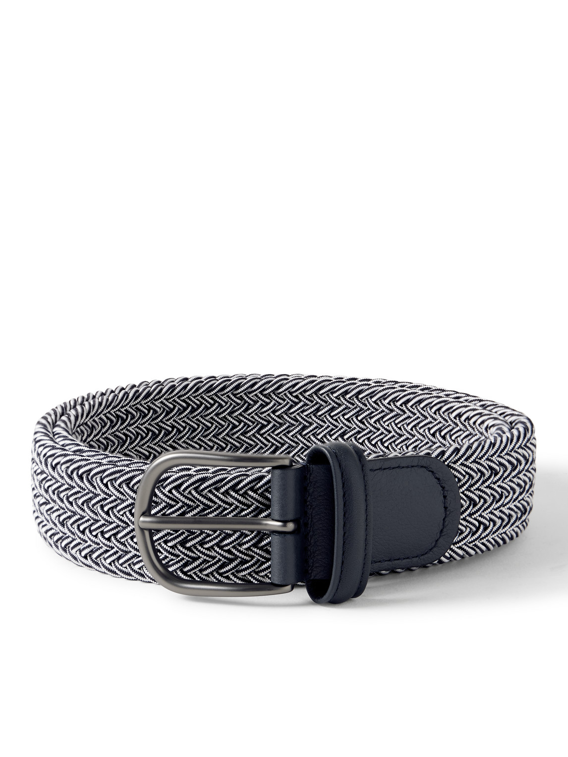 Anderson's 3.5cm Leather-trimmed Woven Elastic Belt In Blue