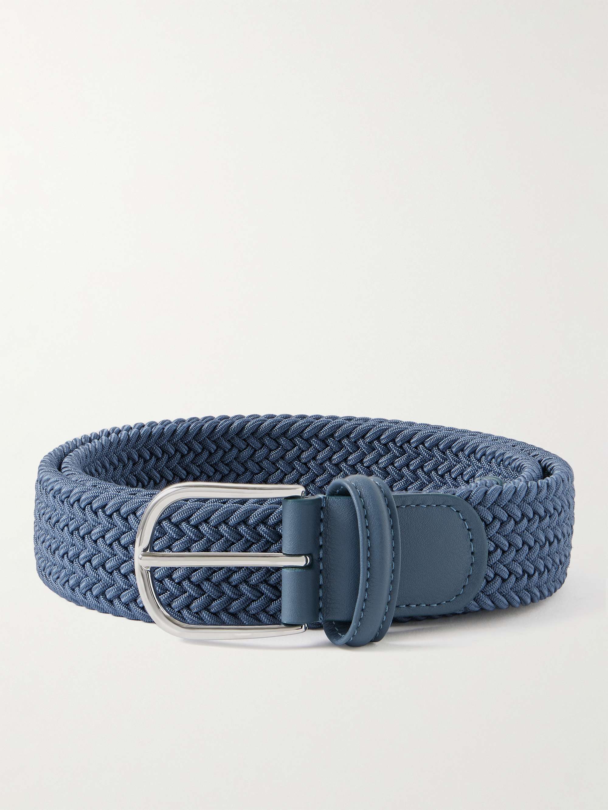 3.5cm Leather-Trimmed Woven Stretch-Cotton Belt