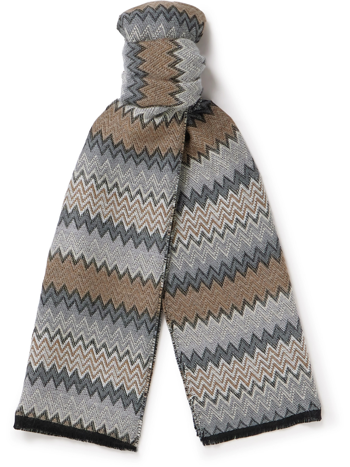 Missoni Fringed Striped Crocheted Cotton Scarf In Grey