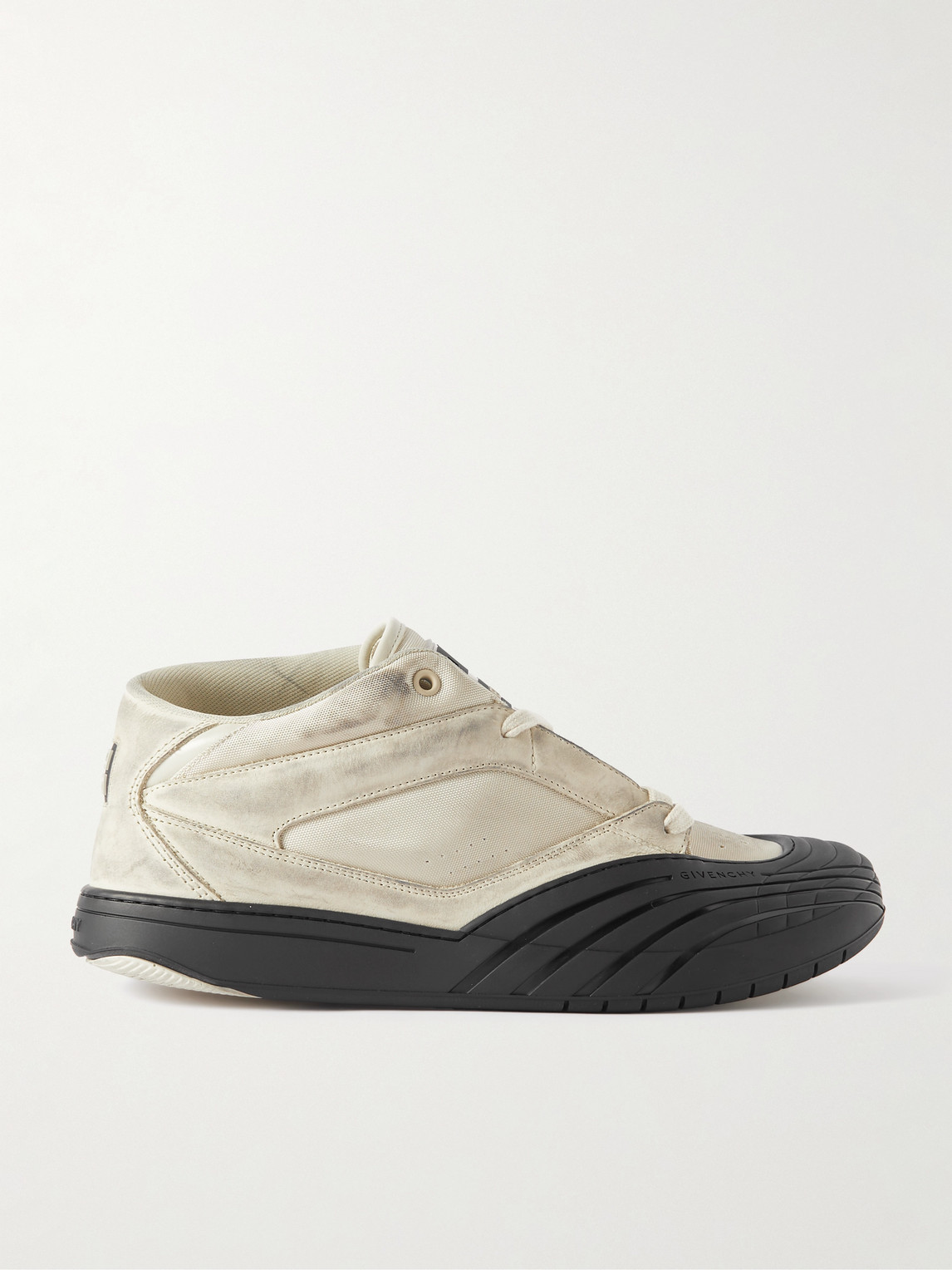 Distressed Rubber-Trimmed Leather and Mesh Sneakers