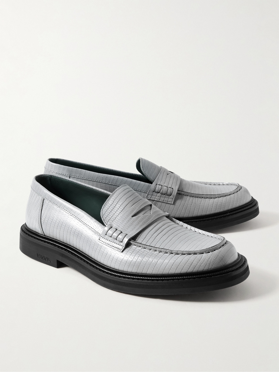 Shop Vinny's Vinnee Lizard-effect Leather Penny Loafers In Gray