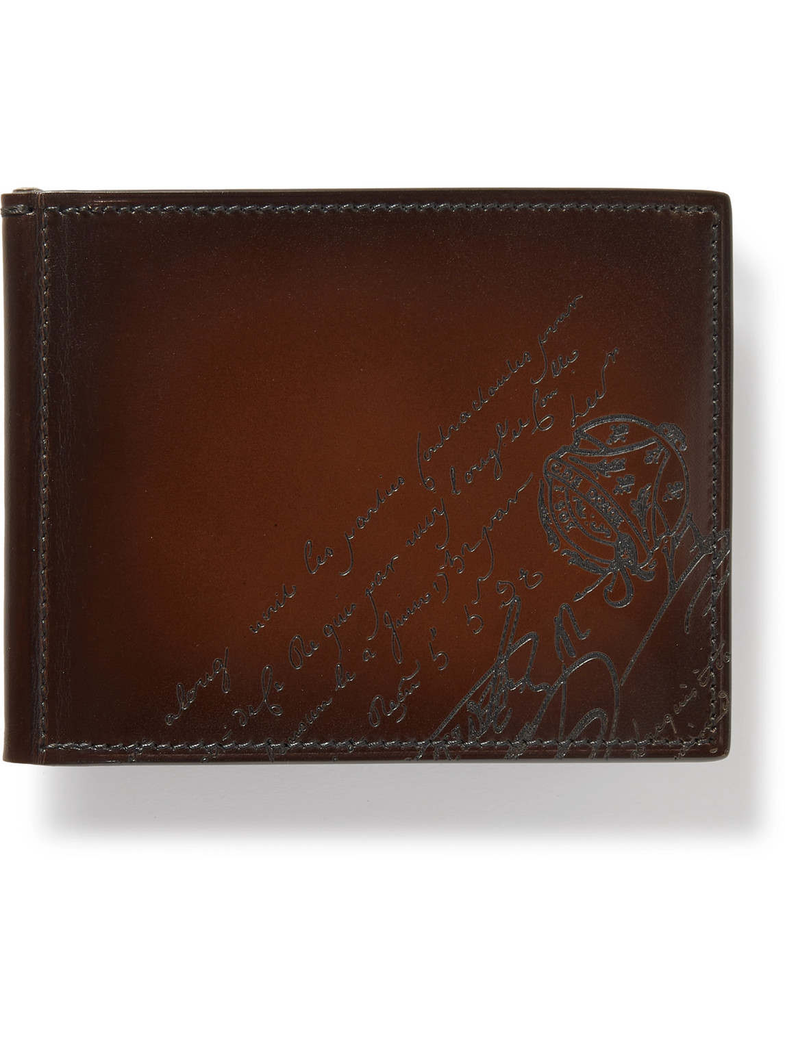 Berluti Figure Scritto Venezia Leather Bifold Wallet With Money Clip In Brown