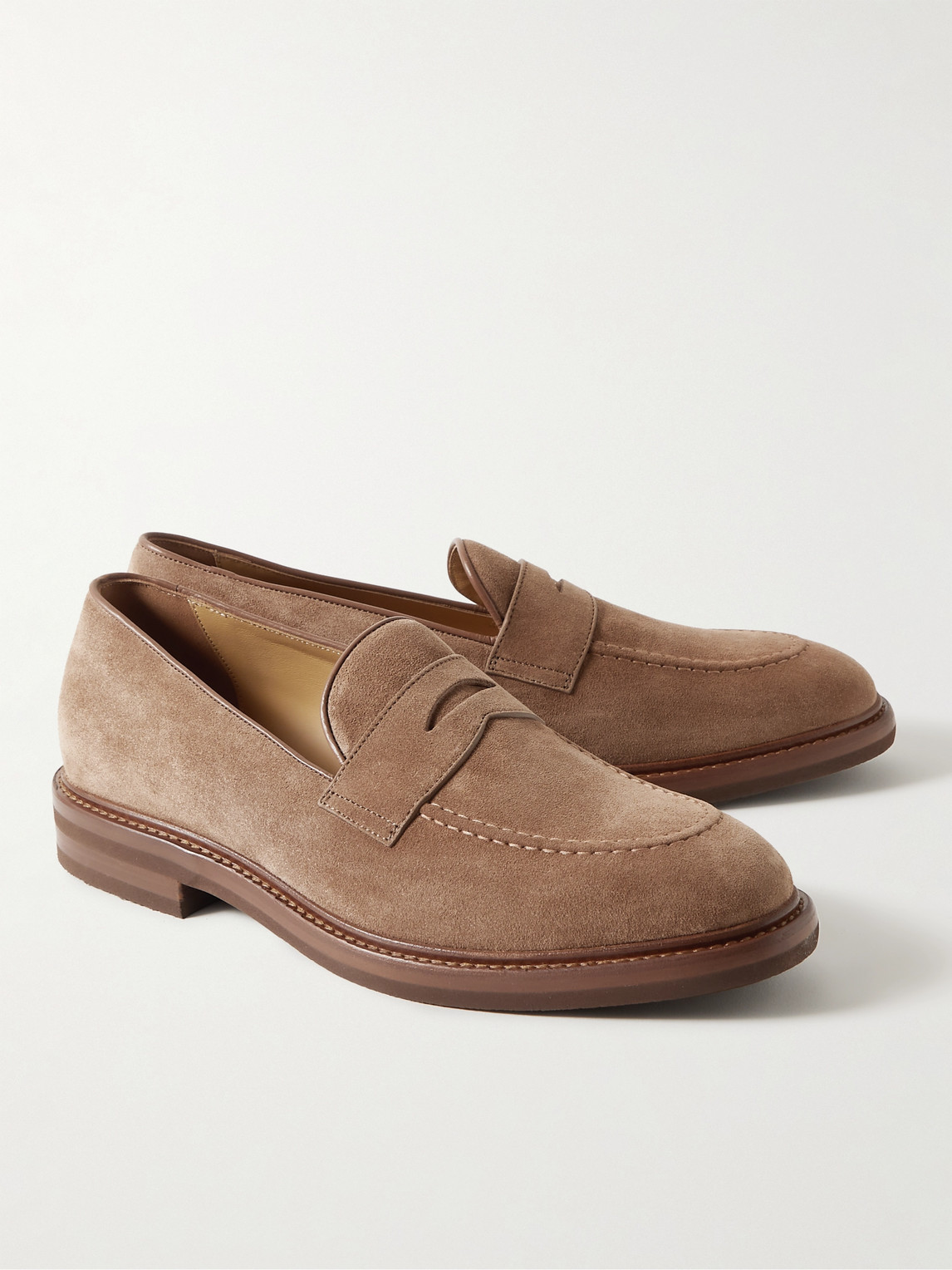 Shop Brunello Cucinelli Leather-trimmed Suede Penny Loafers In Brown