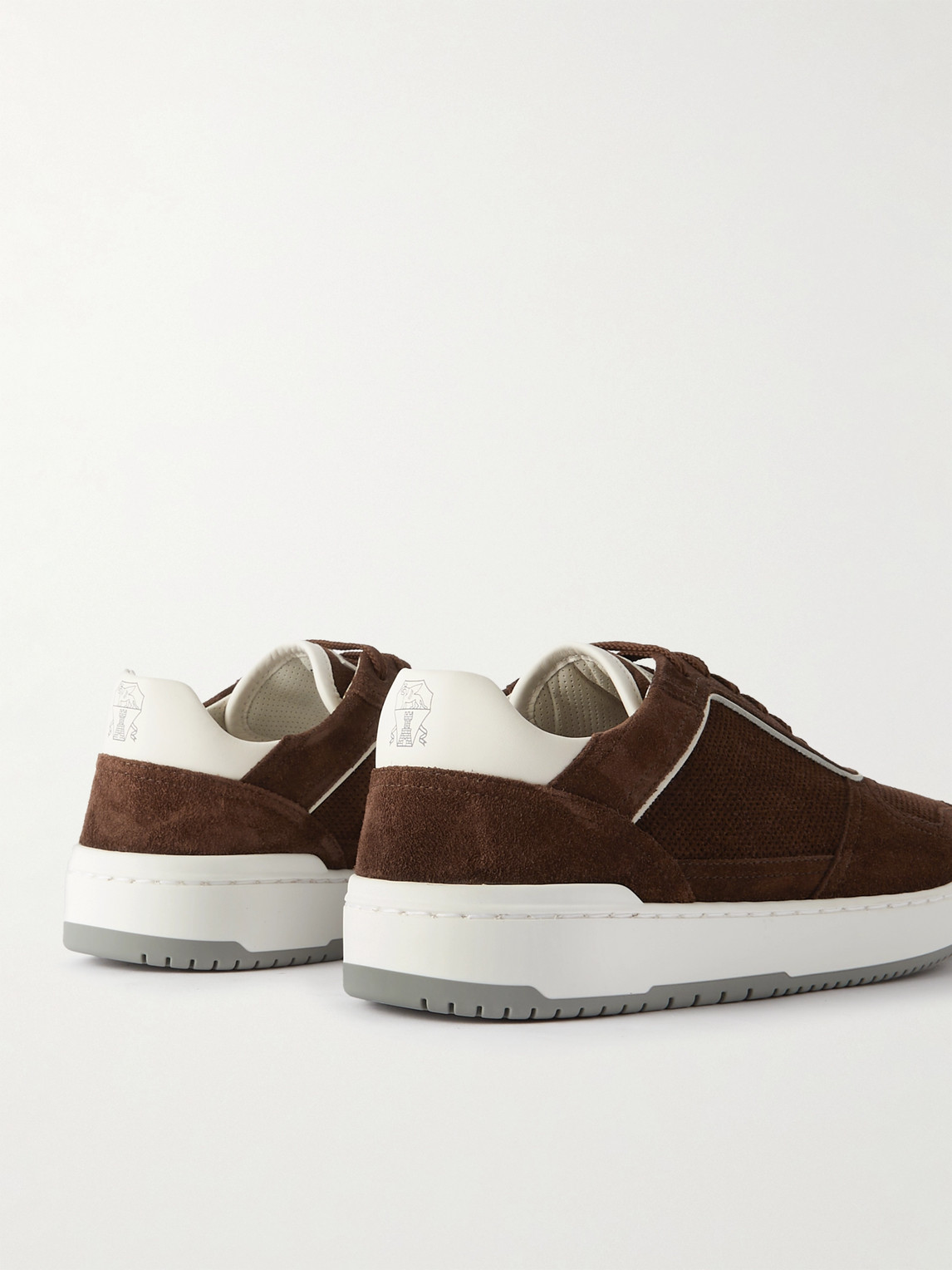 Shop Brunello Cucinelli Suede-trimmed Perforated Leather Sneakers In Brown