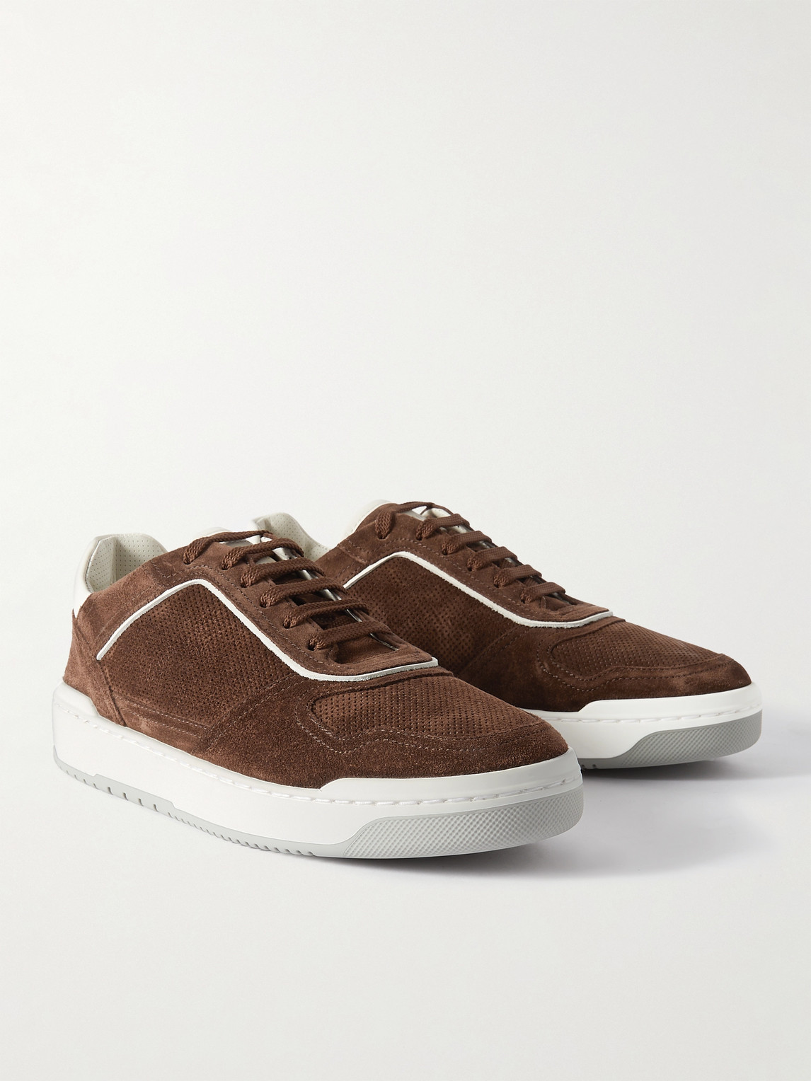 Shop Brunello Cucinelli Suede-trimmed Perforated Leather Sneakers In Brown