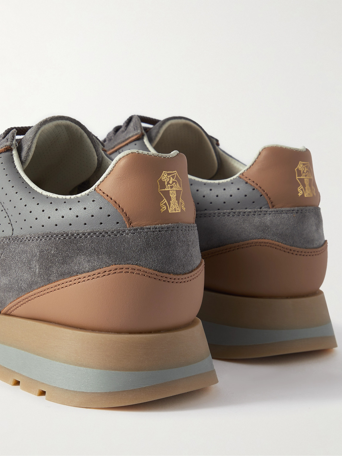 Shop Brunello Cucinelli Suede-trimmed Perforated Leather Sneakers In Gray
