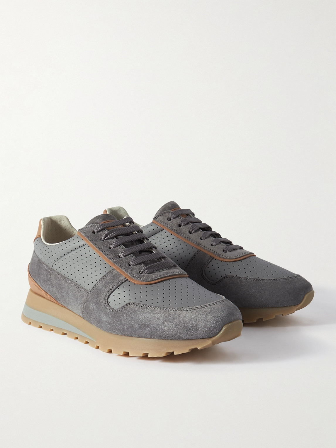 Shop Brunello Cucinelli Suede-trimmed Perforated Leather Sneakers In Gray