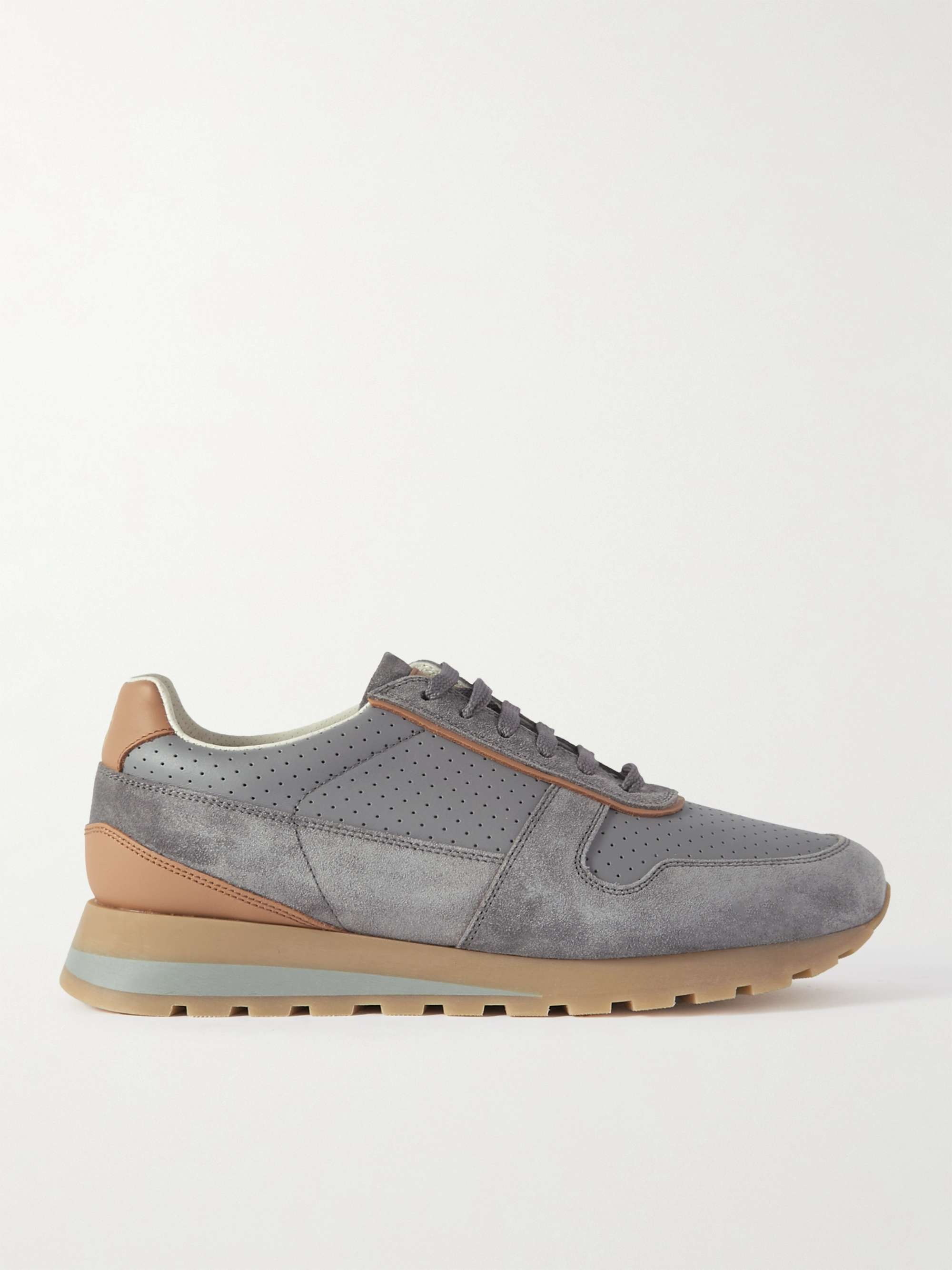 Suede-Trimmed Perforated Leather Sneakers