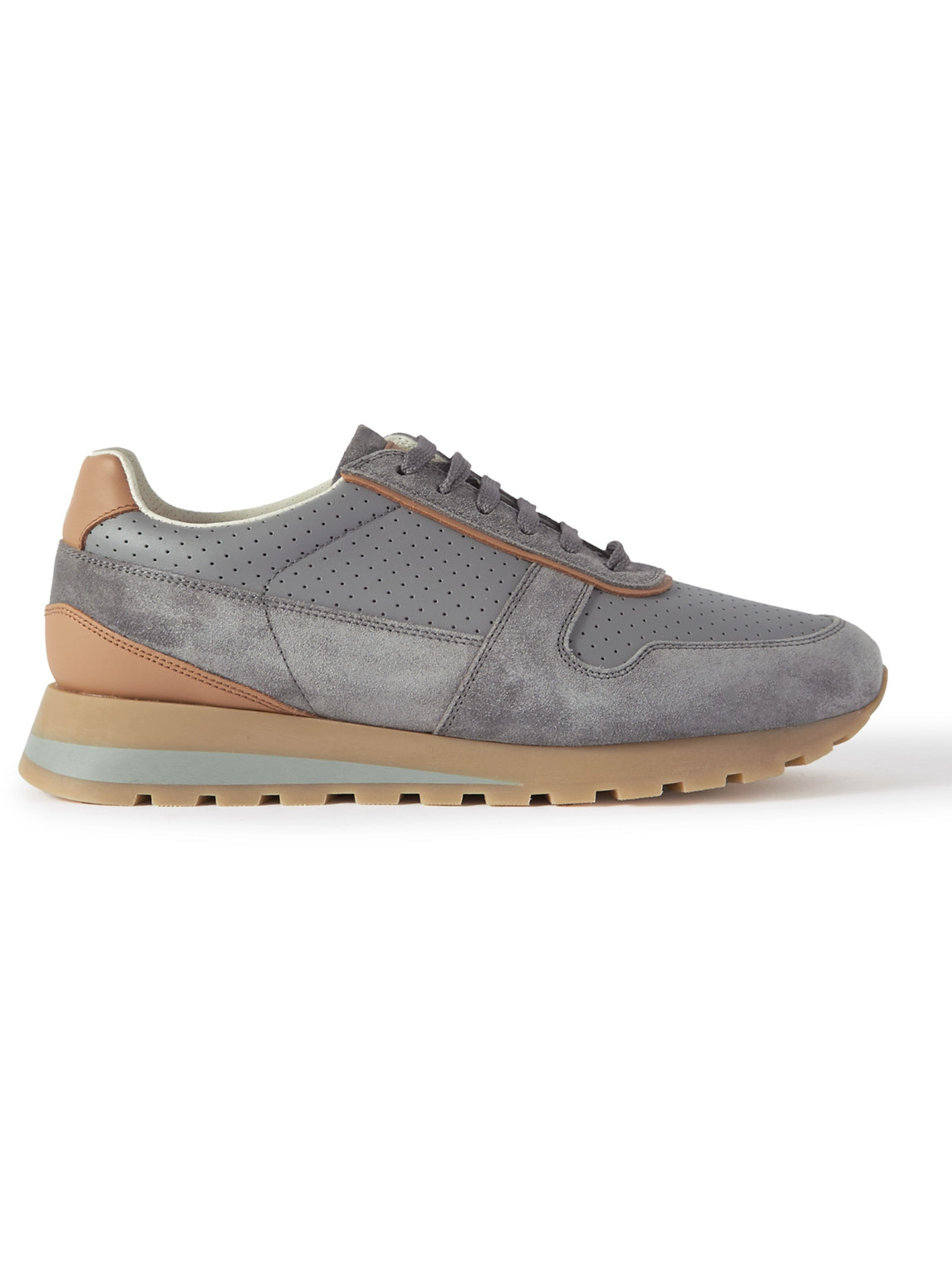 Brunello Cucinelli Suede-trimmed Perforated Leather Sneakers In Grey