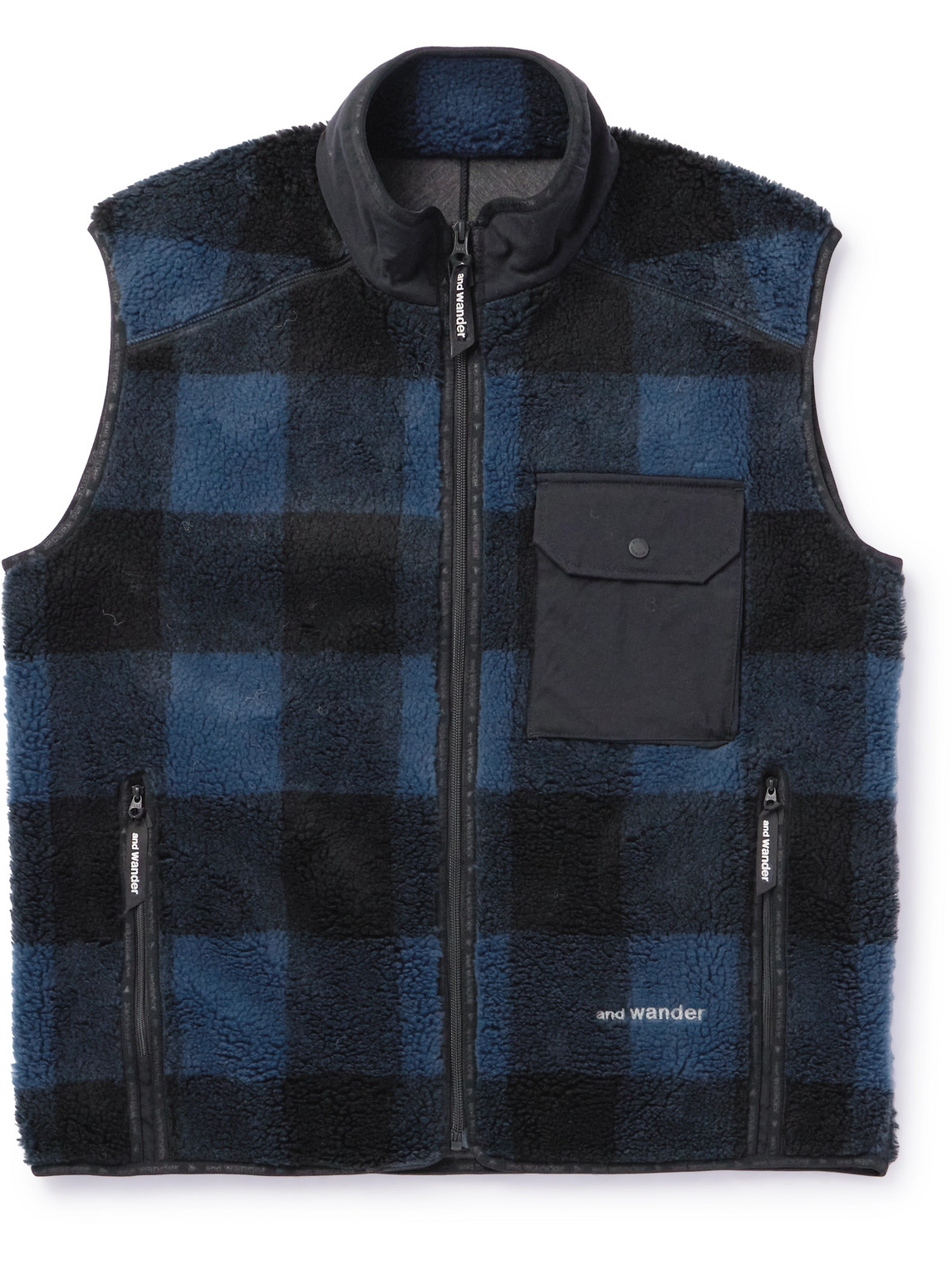 And Wander Checked Fleece Gilet In Blue