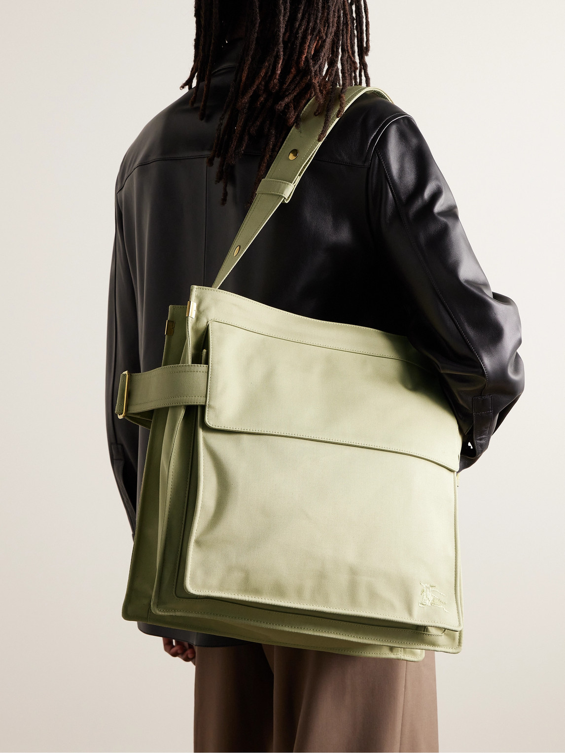Shop Burberry Logo-embroidered Gabardine Tote Bag In Green