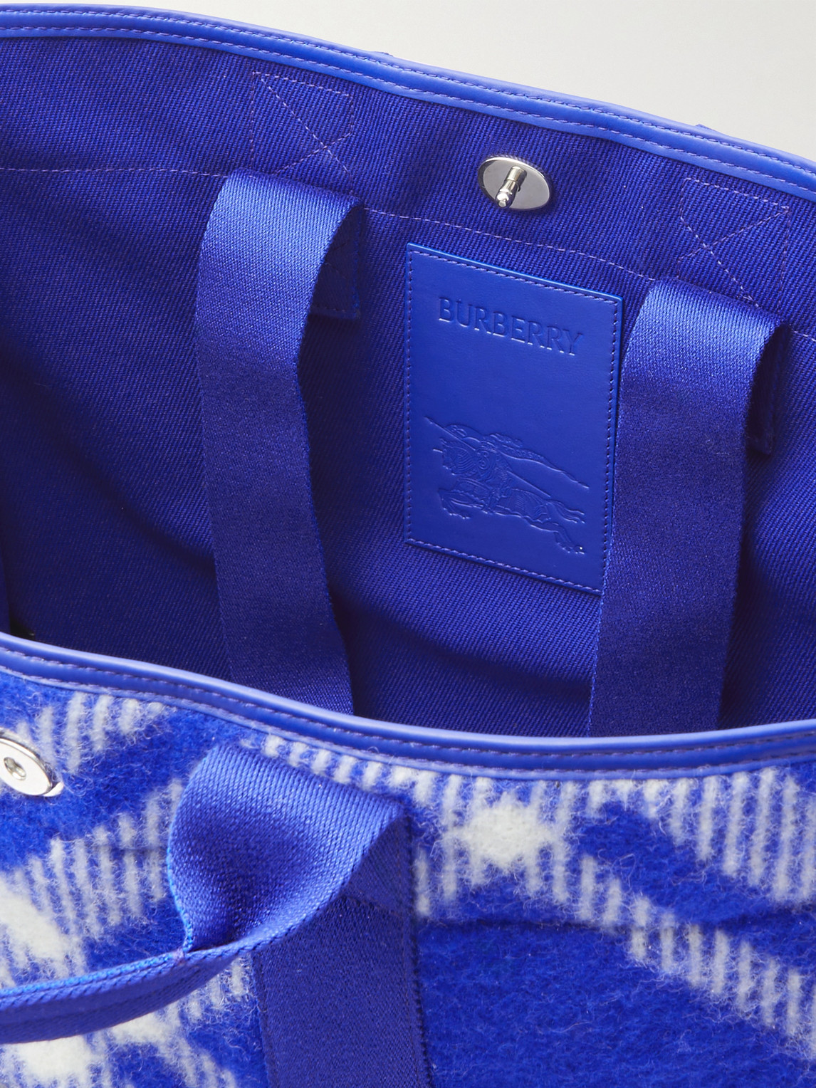 Shop Burberry Leather-trimmed Checked Wool Tote Bag In Blue